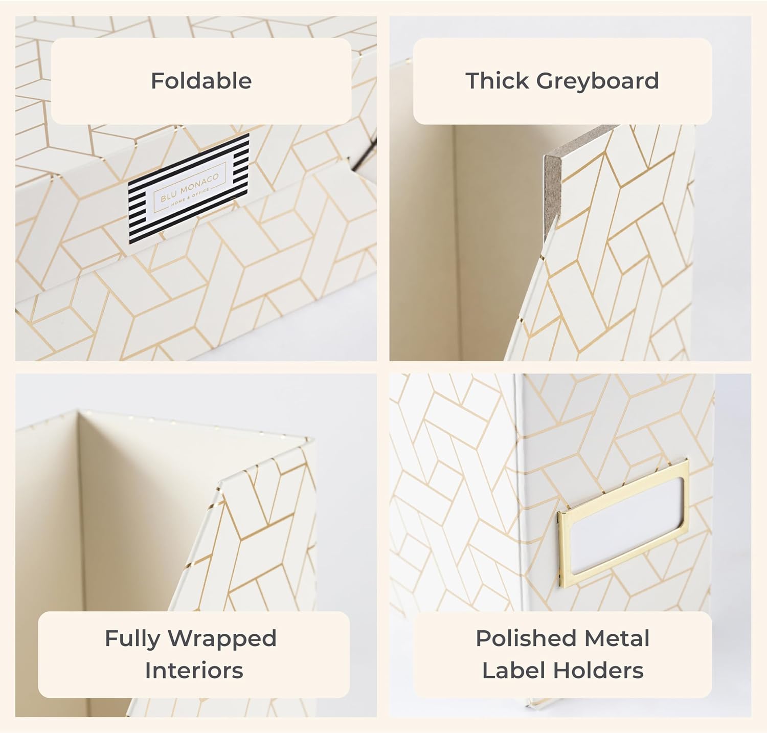 BLU MONACO | Cardboard Magazine File Holder Set of 4 | Vertical Magazine File Holder for Desk and Shelves | Cream Gold