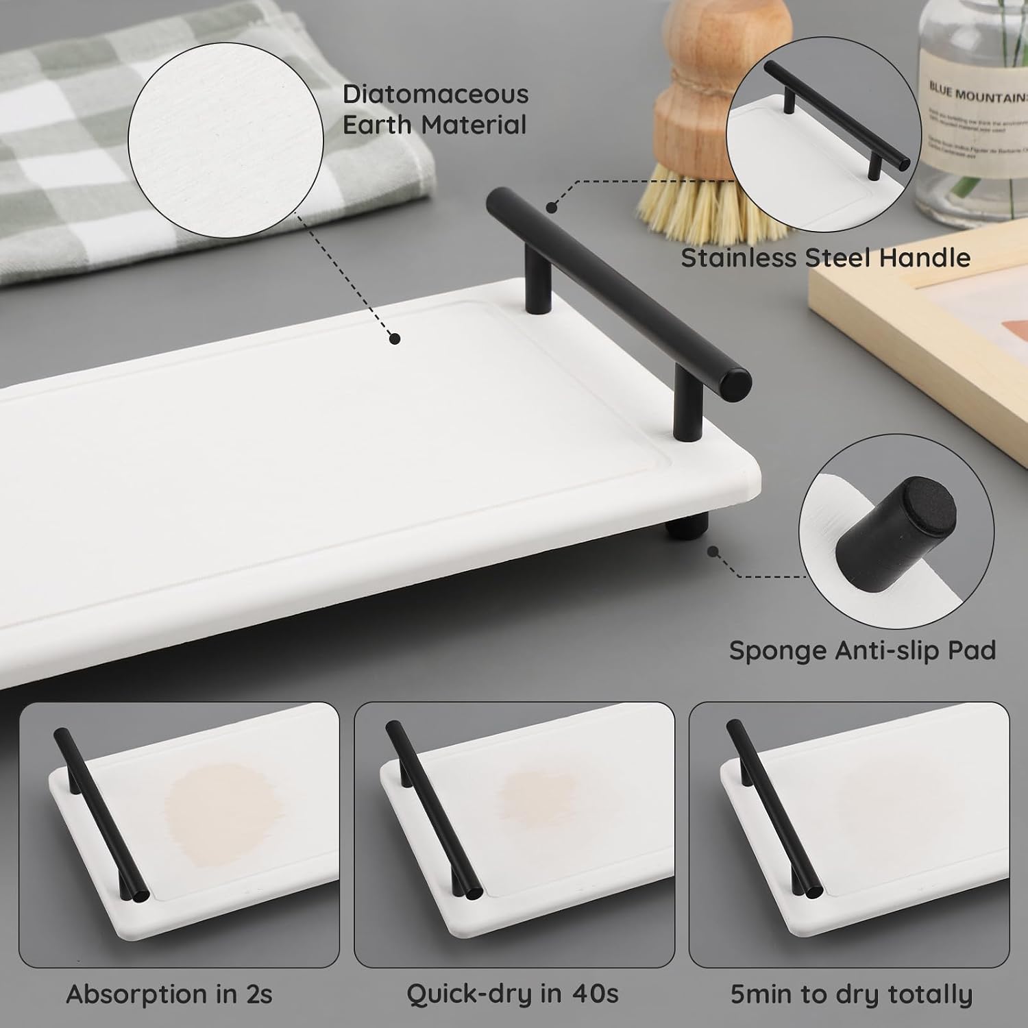 Large Bathroom Tray Stone Drying Mat / White / 12.2 x 5.9 x 2.5