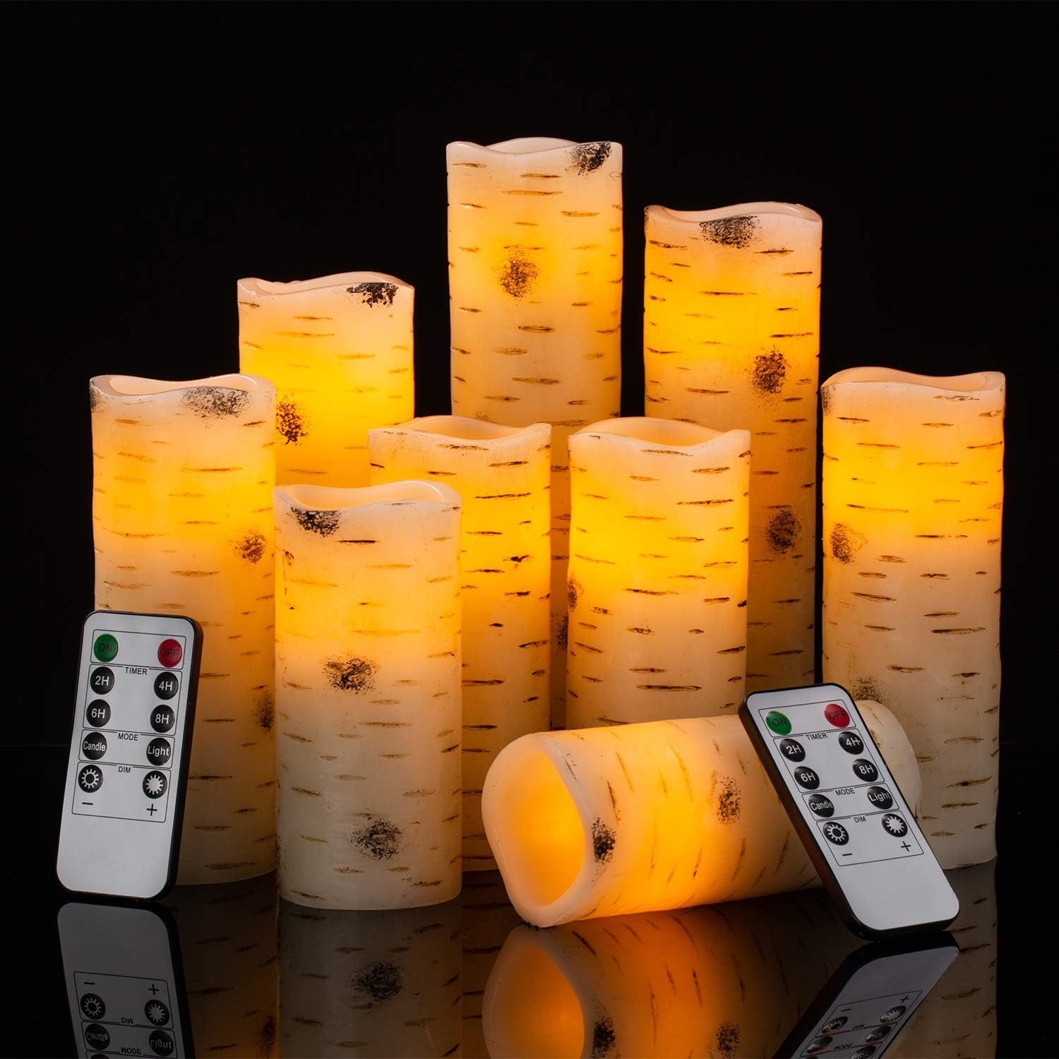 Flameless Flickering LED Candles with Birch Bark Effect - Set of 9 Battery-Operated Real Wax Pillar with 10-Key Remote