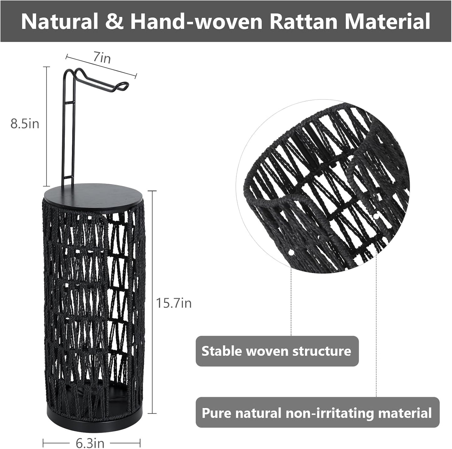 Black Freestanding Toilet Paper Holder with Storage,3 Rolls of Tissue Holder for Bathroom,Handmade Woven Toilet Paper