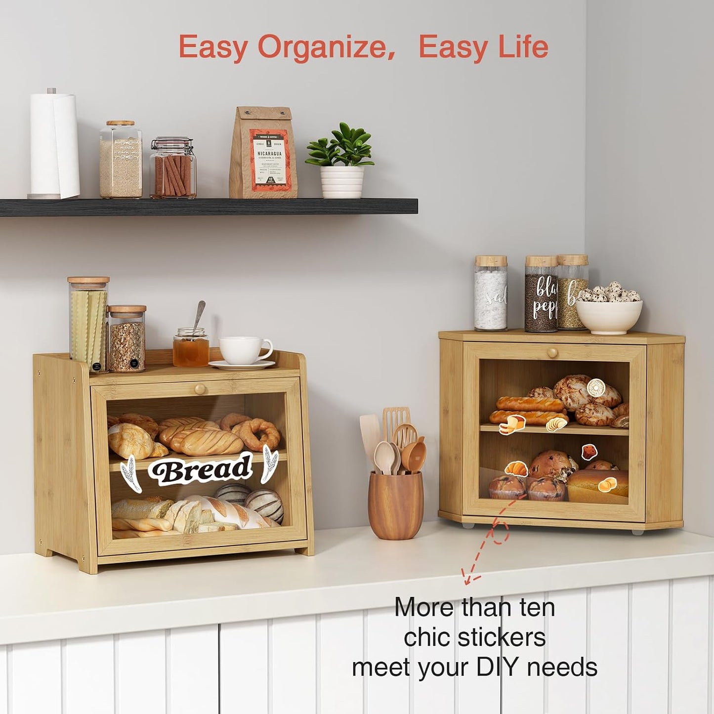 Goozii Bamboo Corner Bread Box for Kitchen Counter, 2 Tier Bread Keeper Wooden Round, Farmhouse Bread Storage Bin for