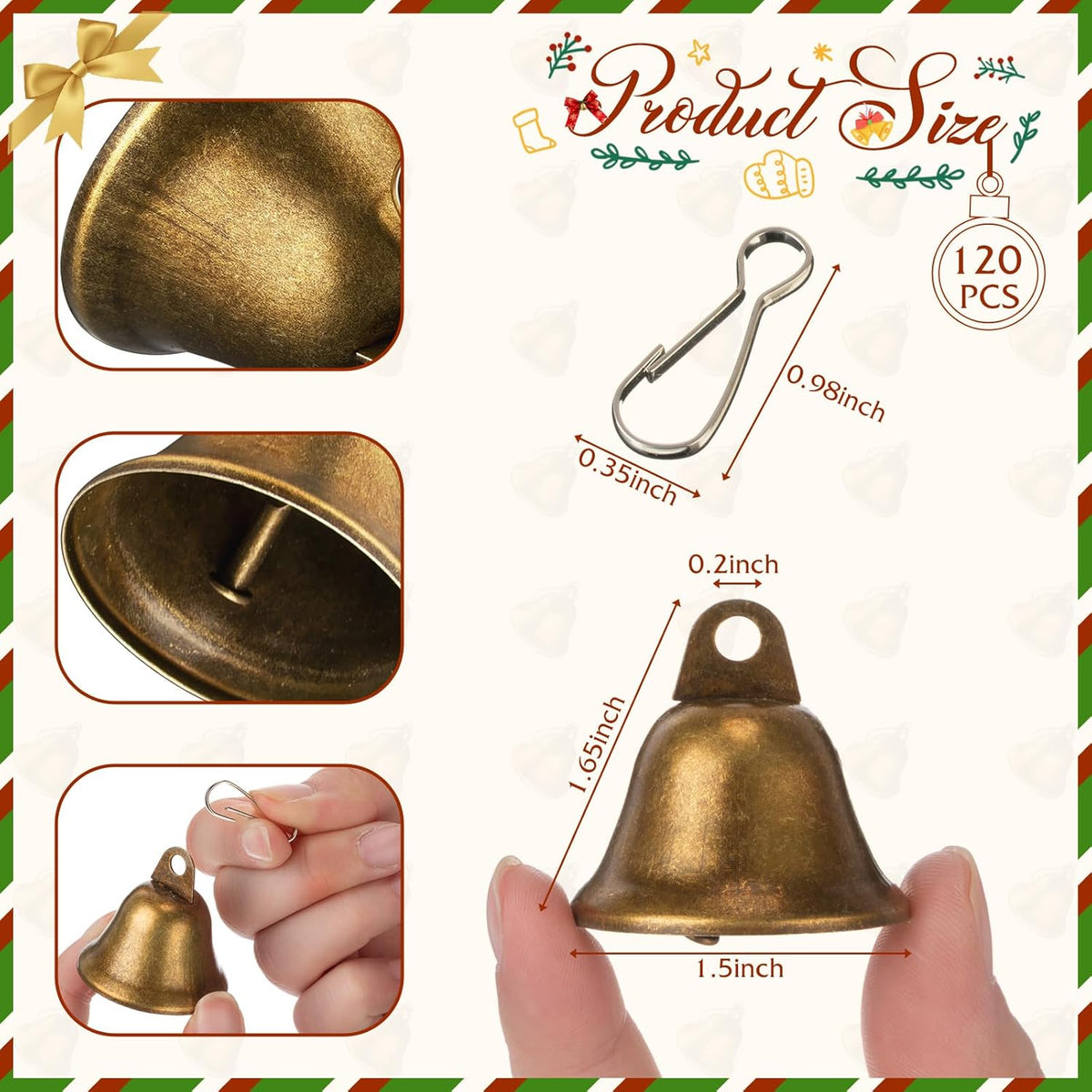 Gejoy 120 Pieces Small Brass Bells with Spring Hooks,Bronze | Vintage Mini for Wind Chimes, Dog Training Doorbell