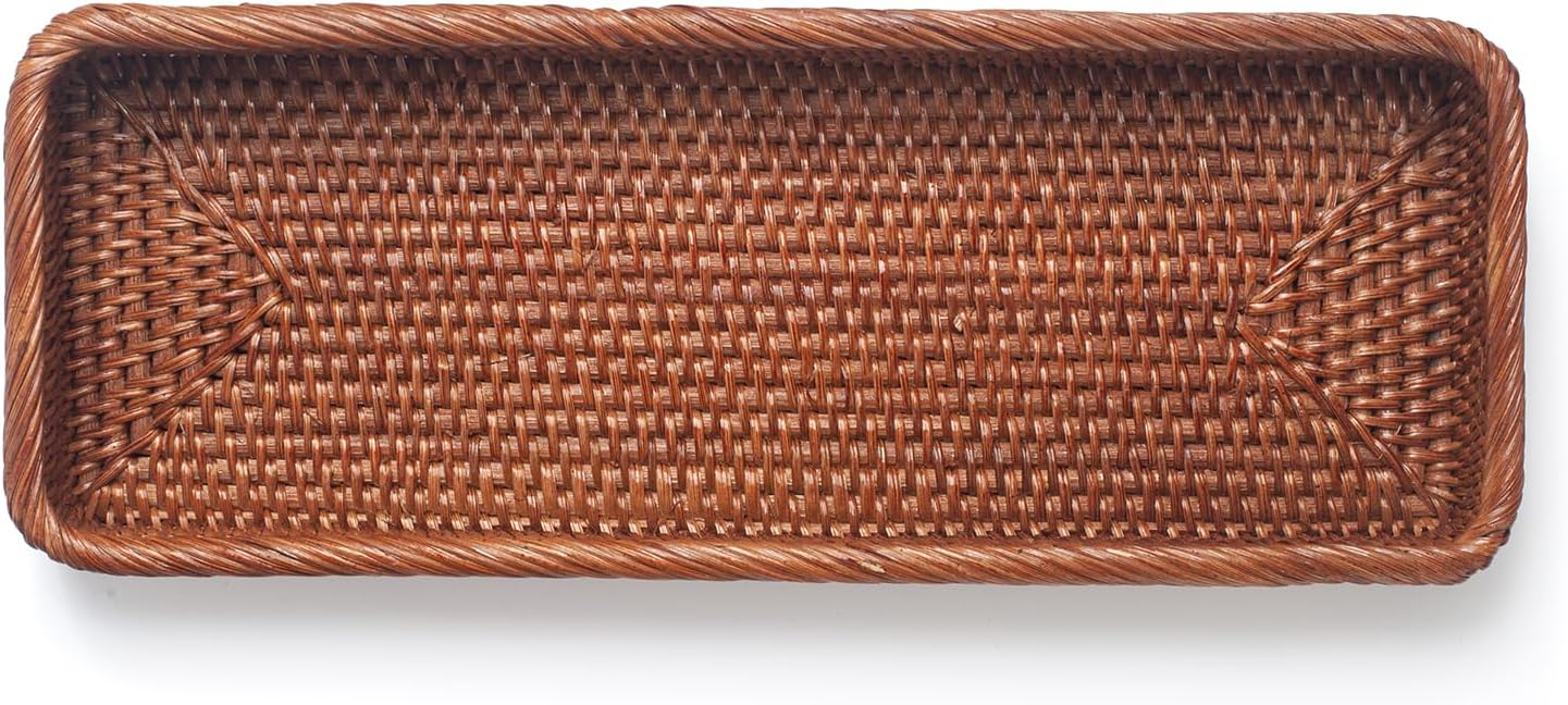 Rattan Bathroom Vanity Trays Toilet Tank Baskets Long Narrow Hand / Honey Brown / 16.3 x 6.1 x 2