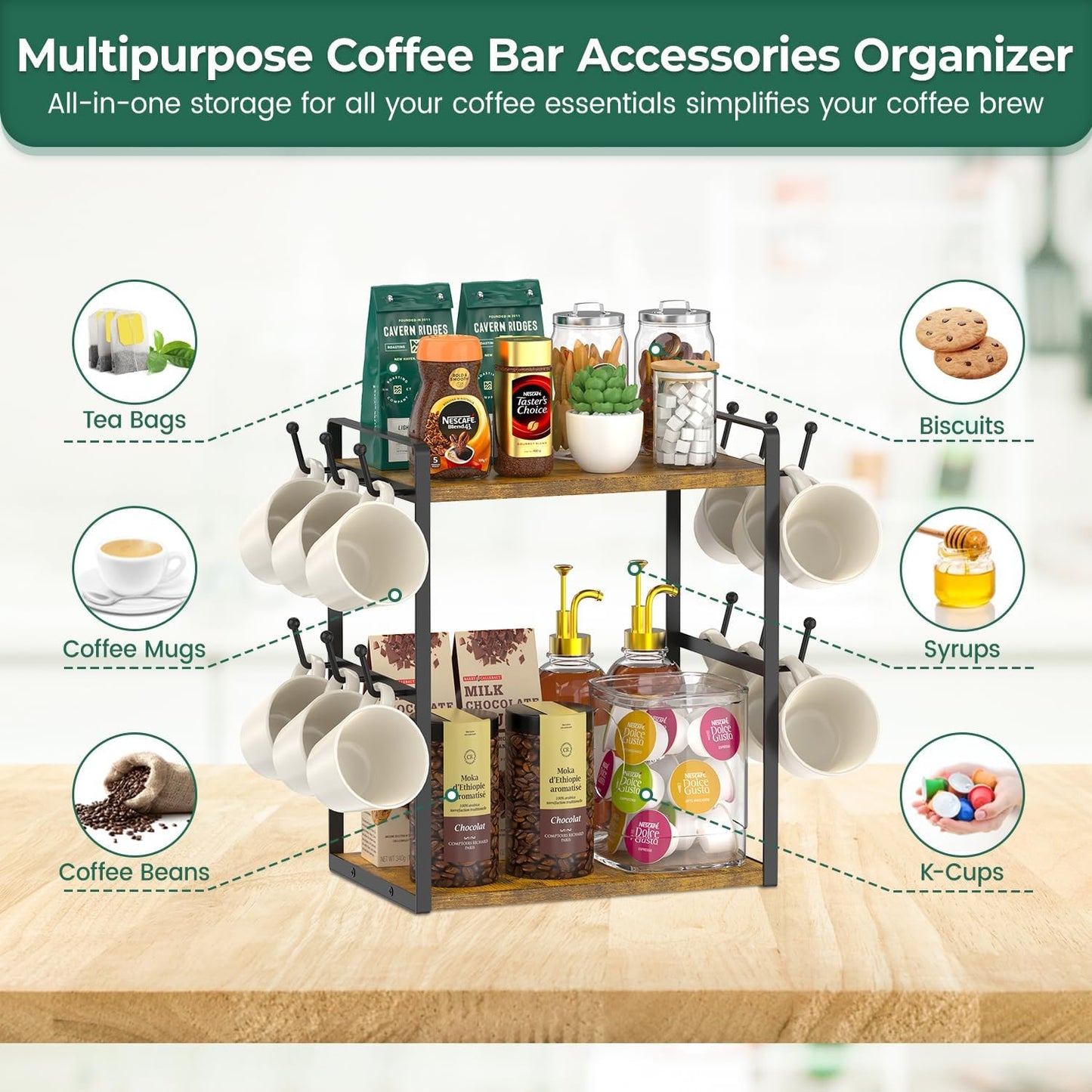 EsLuker.ly Coffee Station Bar Organizer Mug Holder Stand Countertop | 2 Tier Mug Cup Tree Rack for Kitchen Office