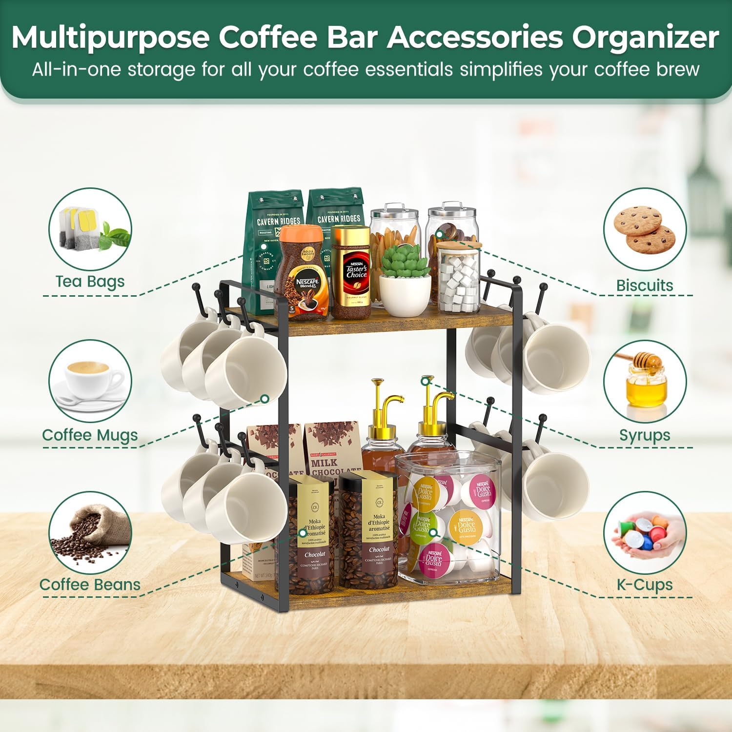 EsLuker.ly Coffee Station Bar Organizer Mug Holder Stand Countertop | 2 Tier Mug Cup Tree Rack for Kitchen Office