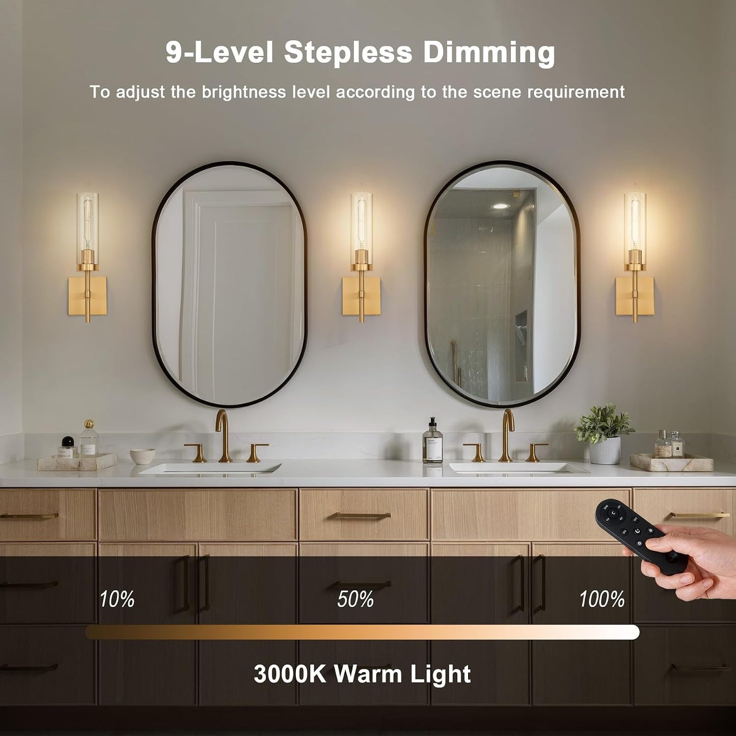 Gold Battery Operated Wall Sconce Set of 2, Wireless Wall Sconces with Remote Control, Rechargeable LED Dimmable Wall