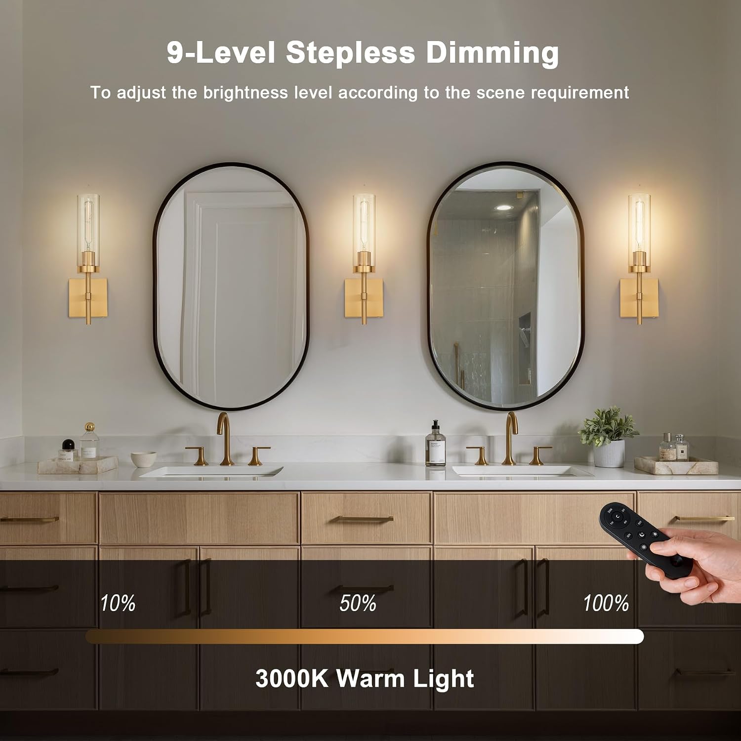 Gold Battery Operated Wall Sconce Set of 2, Wireless Wall Sconces with Remote Control, Rechargeable LED Dimmable Wall