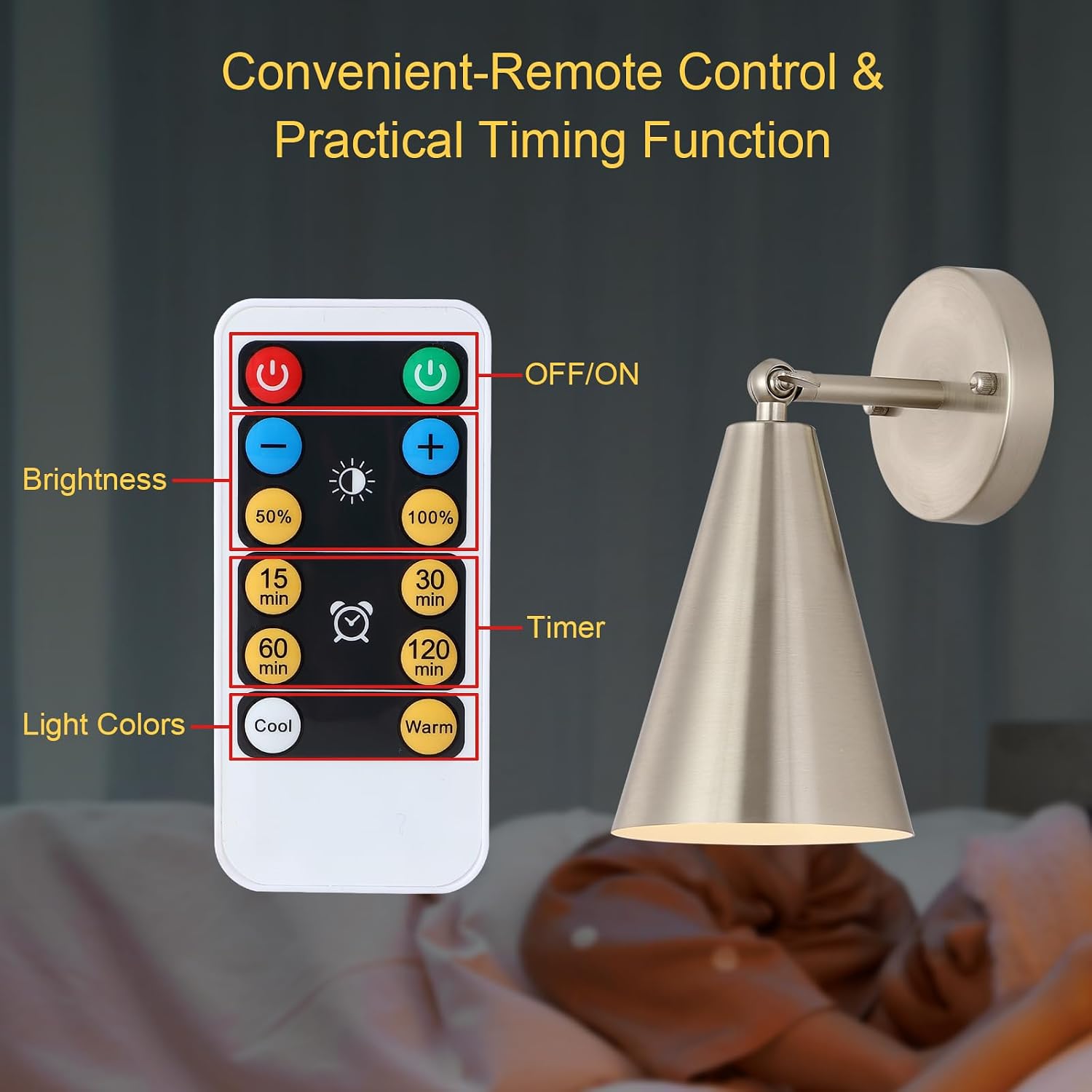MWZ Brushed Nickel Battery Operated Wall Sconces Set of Two,Wireless Lighting with Remote Control, Modern Dimmable 2