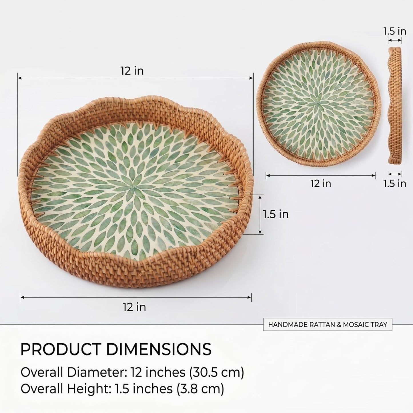 Scalloped Round Rattan Tray / Leaf Style / 12 Inch