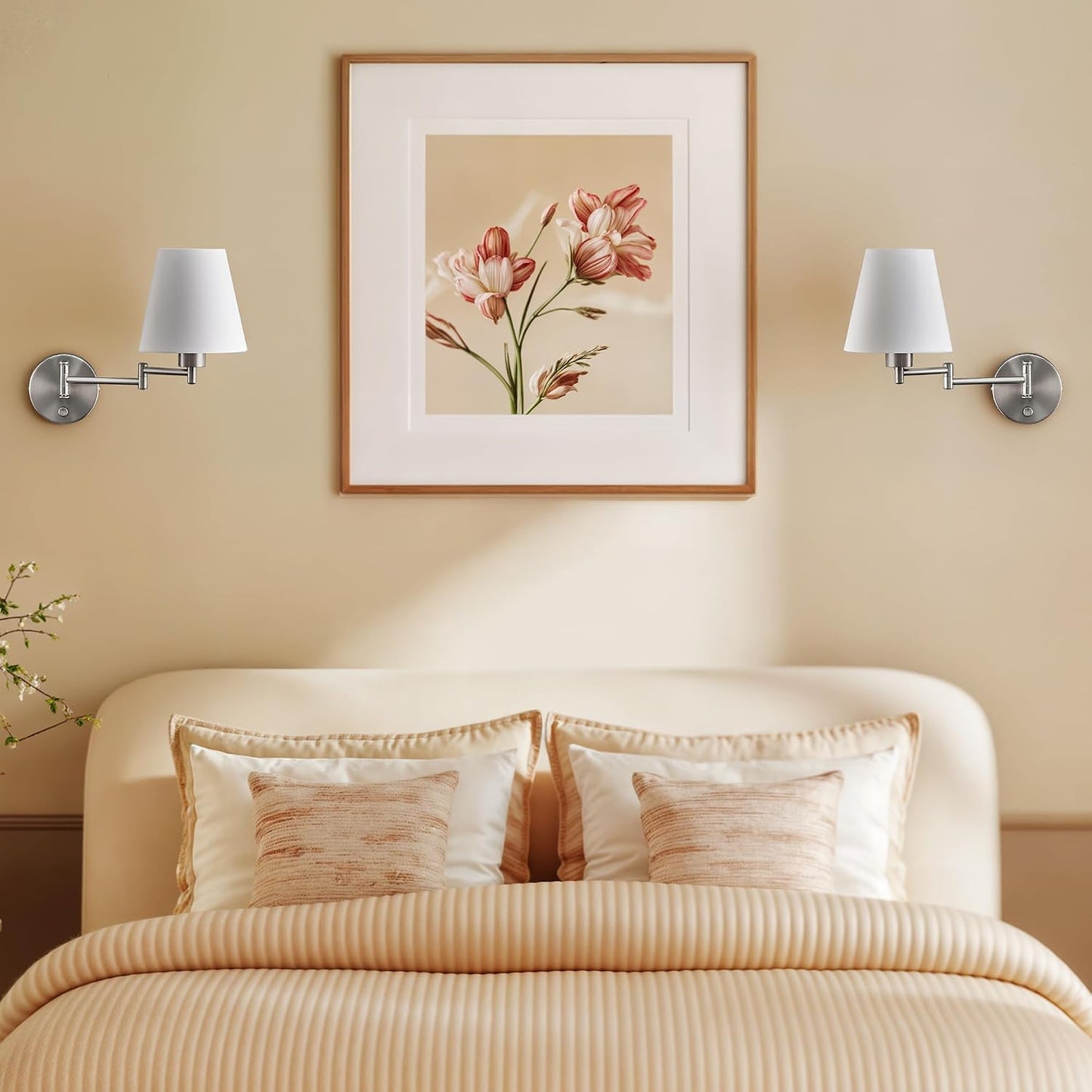 VONLUCE Wall Lamp, Plug in & Swing Arm Wall Sconce, Nickel Finish | Modern Wall Lights with White Fabric Shades, Plug