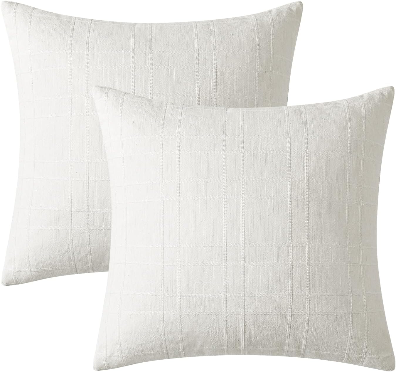 Decorative Linen Check Throw Pillow Covers Neutral Farmhouse / 18 x 18 / Cream White / Set of 2