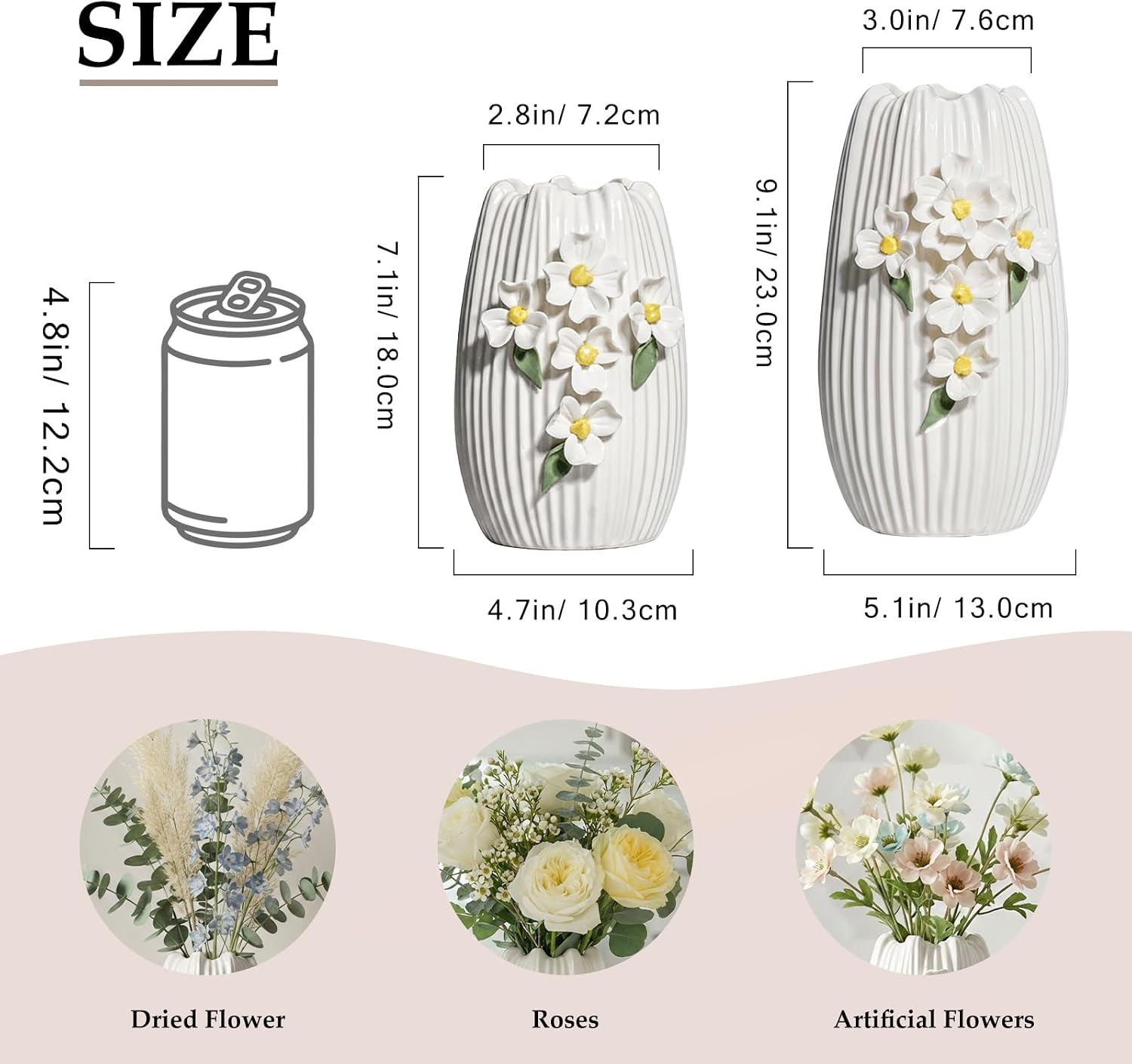 White Ceramic Vase / White and Yellow / 7 Inch