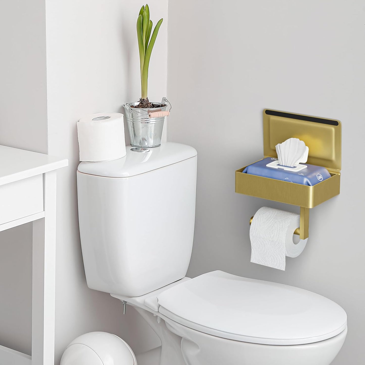 Brushed Gold Toilet Paper Holder Wall Mounted with Shelf & Wipes Storage – Stainless Steel SUS304 Modern Toilet Tissue