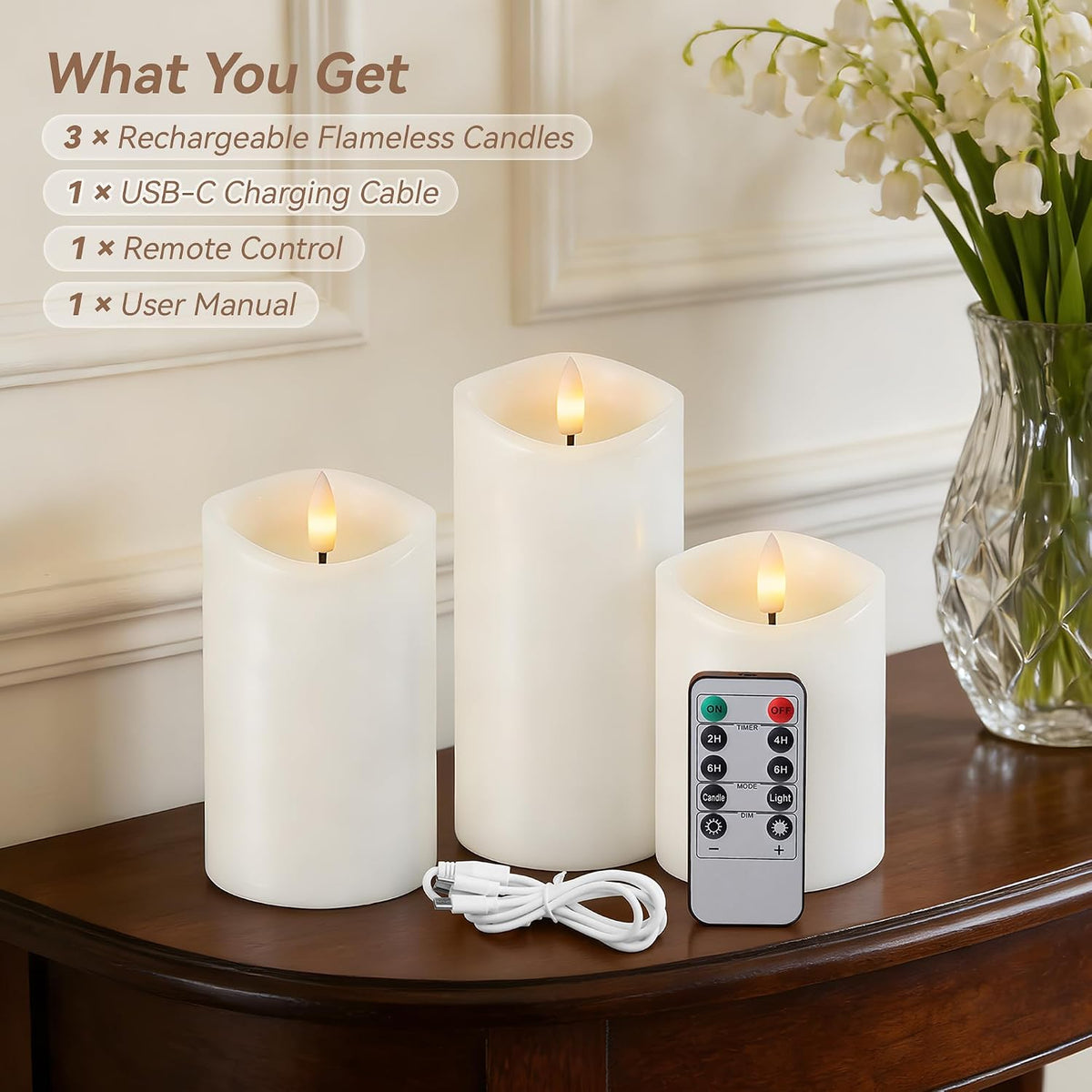 Rechargeable Flickering Flameless Candles Melted Edge Battery Operated with Remote and Timer, Real Wax LED USB Type-C