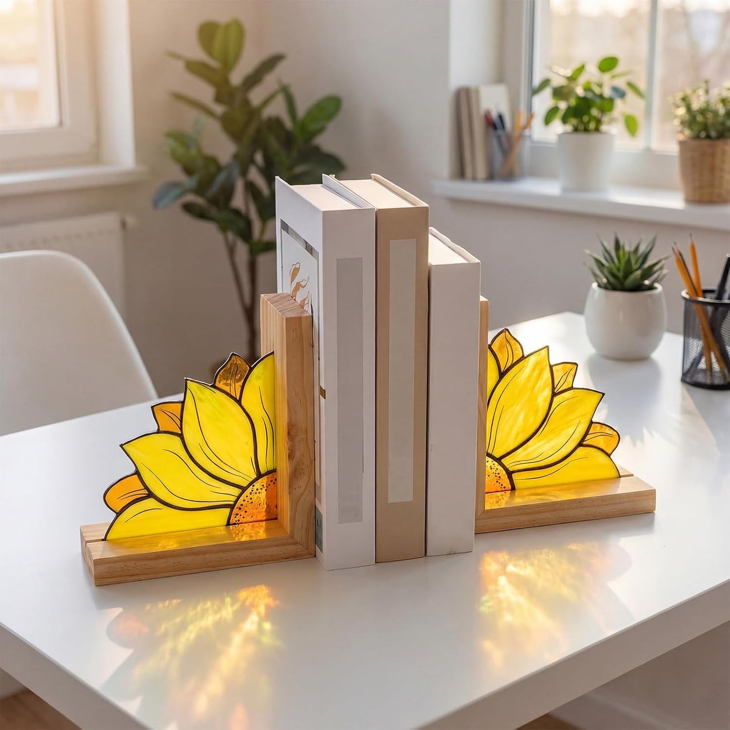Oak Wood Base Stained Glass Novelty Bookends Organizer Book Ends / Sunflower / Yellow