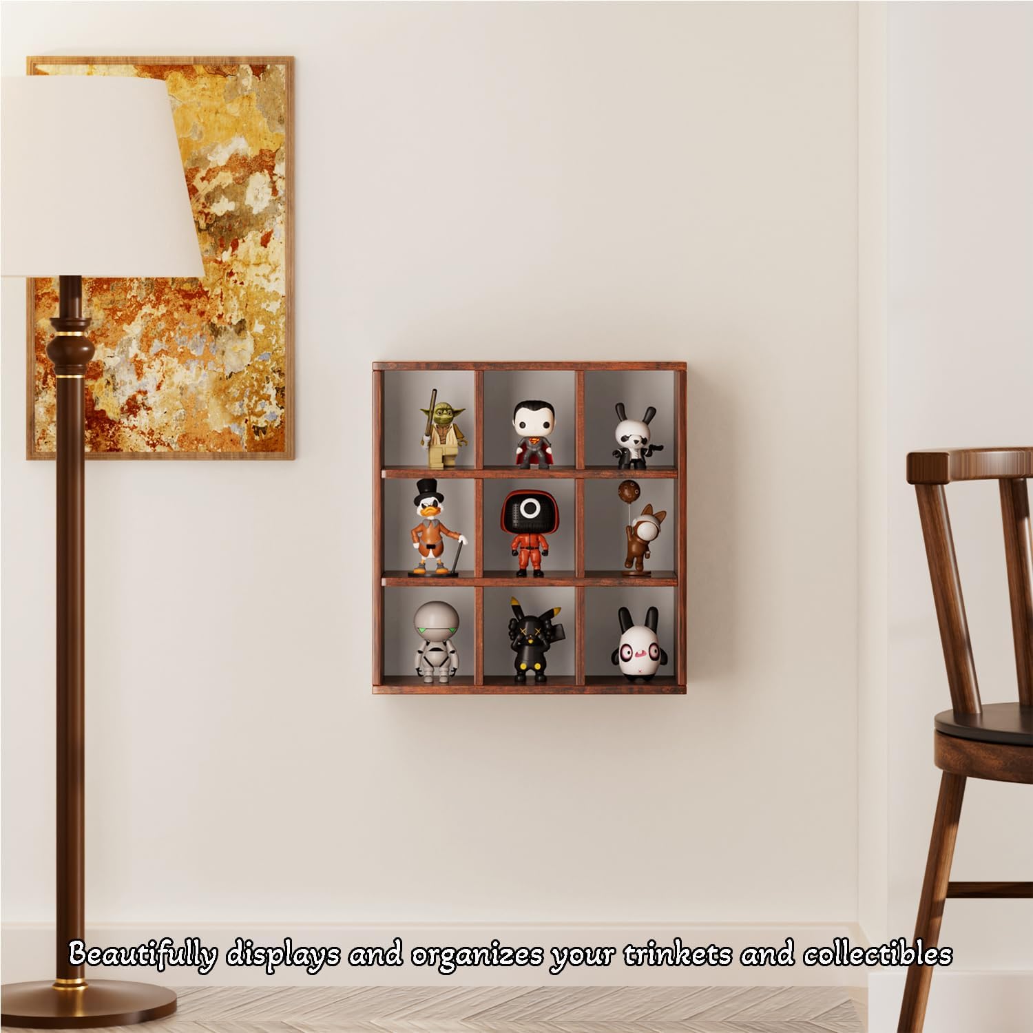 Helsin 9 Grid Vintage Coffee Mug Display Rack, 16inch Wall Mounted Wooden Curio Shadow Box Shelf, Cup Floating Shelves