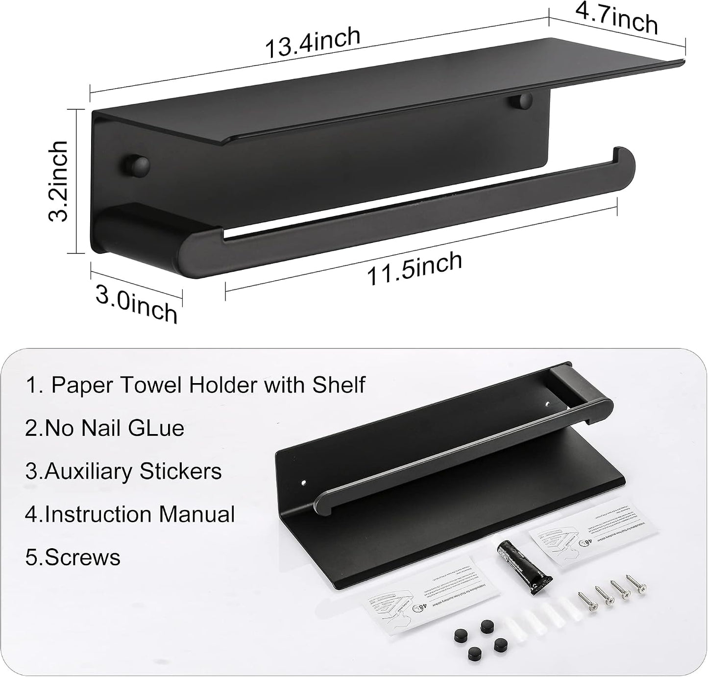 Wall Mount Paper Towel Holder with Shelf, Adhesive Towel Rack Matte Black | Self-Adhesive Paper Towel Holder with Shelf