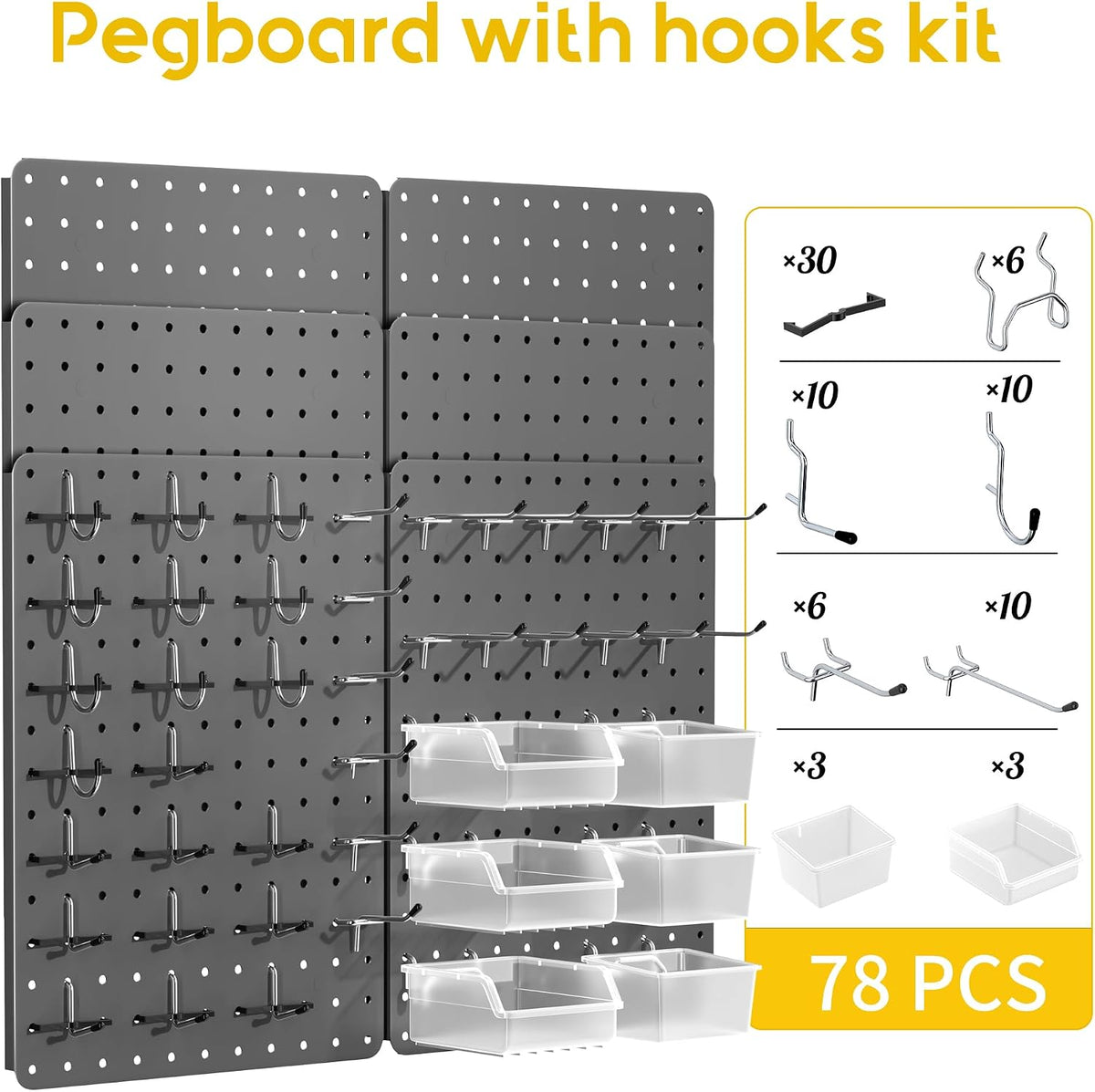 Pegboard Organizer Kit, 6 Pack 12 x 16 in Steel Metal with 6 Bins, Gray | 6 clear storage bins organize screws and