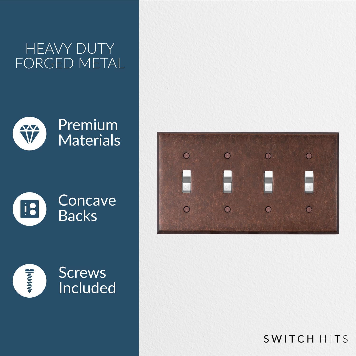 Mottled Antique Copper Outlet Wall Plate | 4 Toggle | 8.25" x 4.5" | Hand-Polished Brass Construction | Electrical
