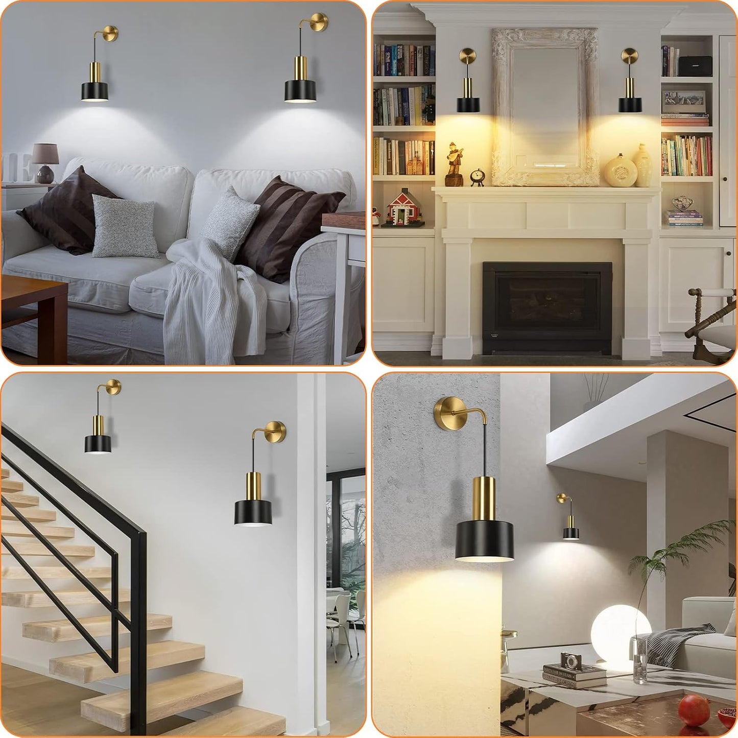 VerRon Battery Operated Wall Sconces Set of 2 with Remote and LED Bulbs | Black and Gold Wireless Wall Lamp Indoor