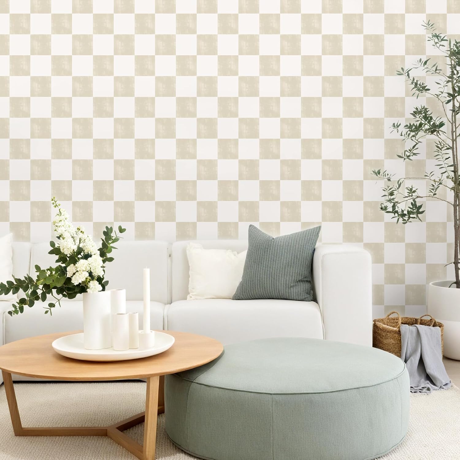 Neutral Beige Checkered Peel and Stick Wallpaper Cream Checkerboard / 17.7 x 118 / Cream Beige