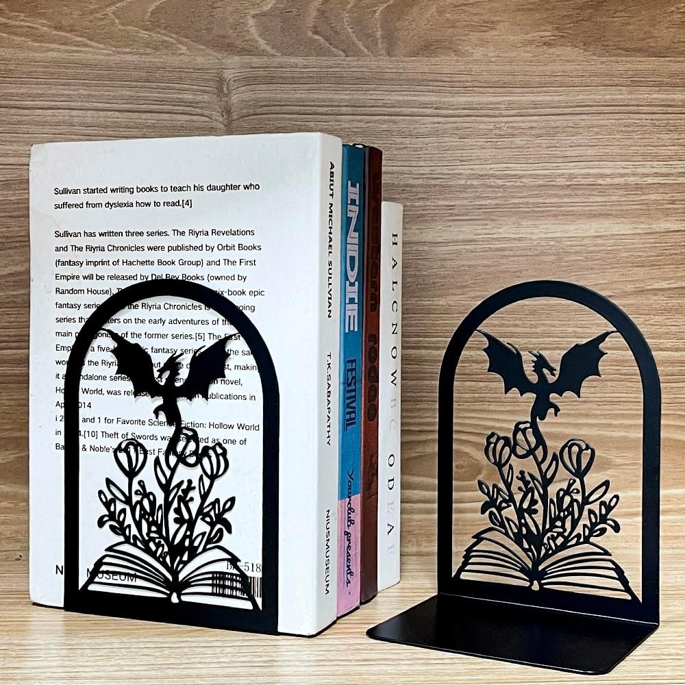1 Pair Non Skid Metal Book Divider Decorative Holder / Dragon A