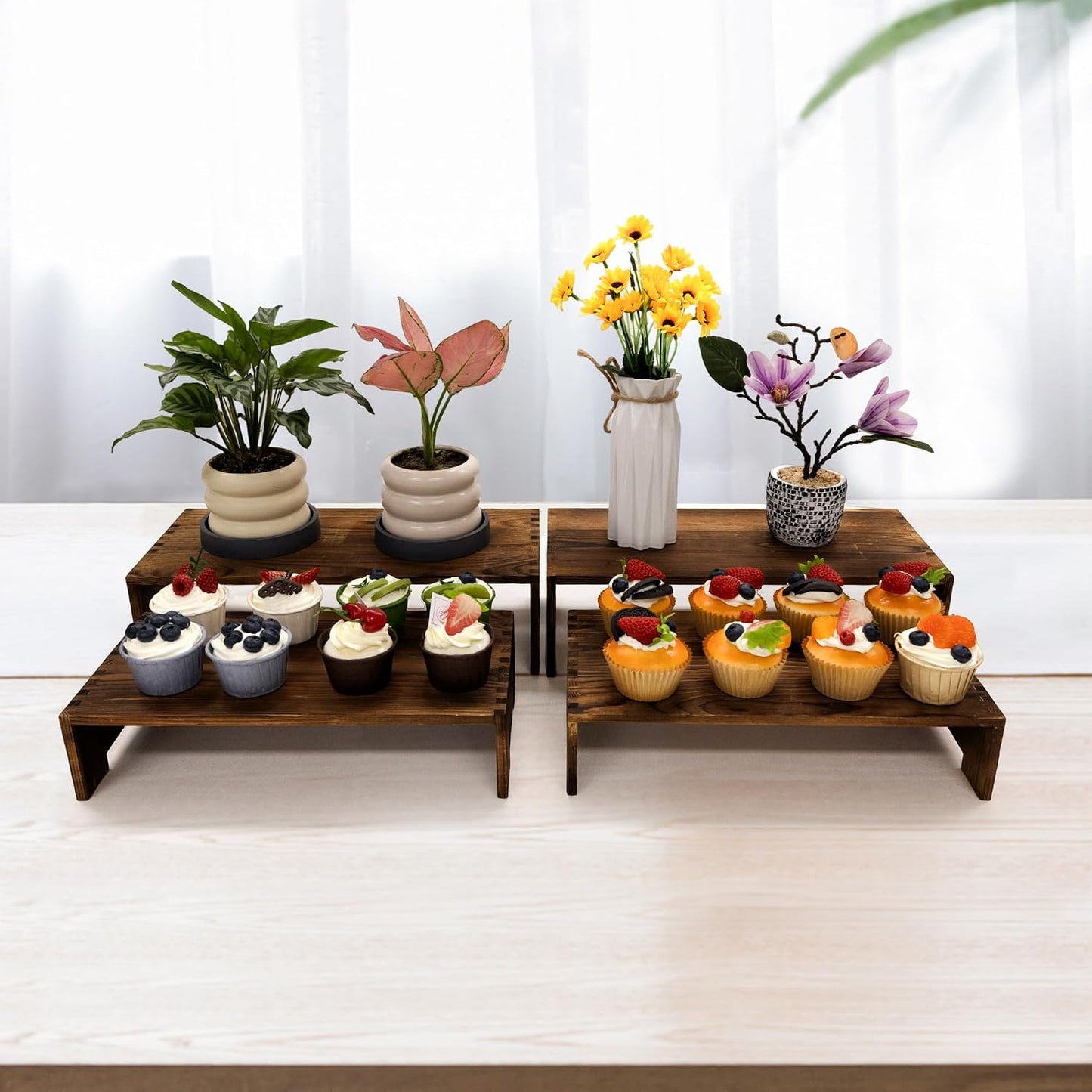 Yikaroeli 4Pcs Large Display Riser Wood Risers Cupcake Display Stand 2 Tier Racks Rectangular, 2 Set Perfume Decorative