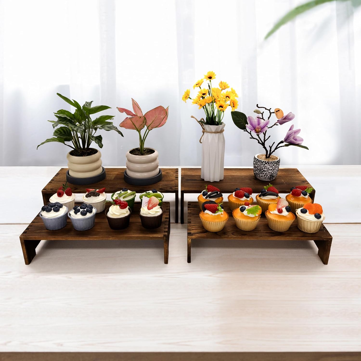 Yikaroeli 4Pcs Large Display Riser Wood Risers Cupcake Display Stand 2 Tier Racks Rectangular, 2 Set Perfume Decorative