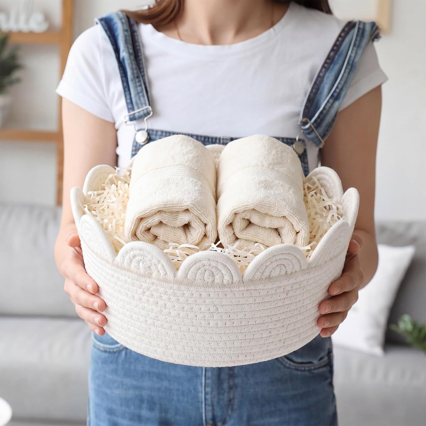 Scalloped Small Storage Basket Round Rope Basket / White / Rectangle Style