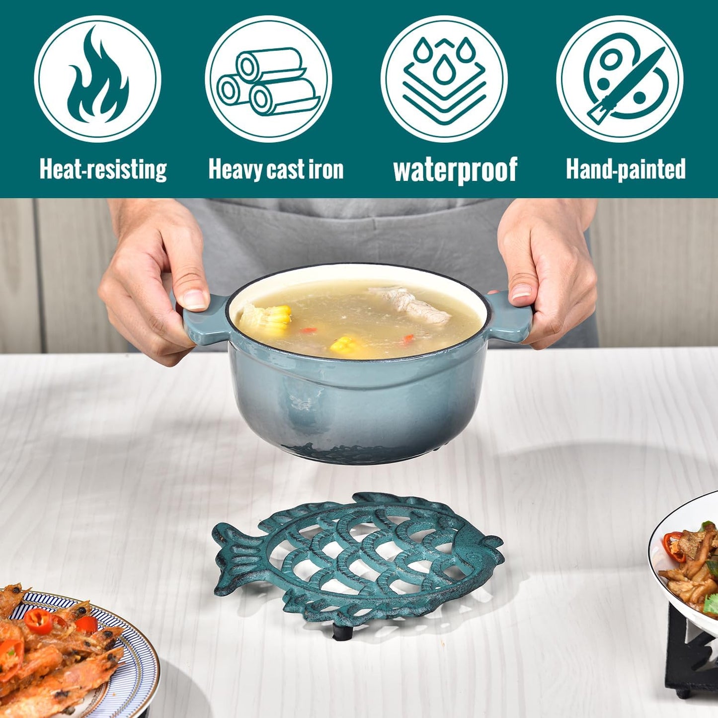 Sungmor Cast Iron Cute Fish Trivet for Wood Stove - Dia-7.5 Inch Dark Green Finish - Rustproof Round Stands for Hot