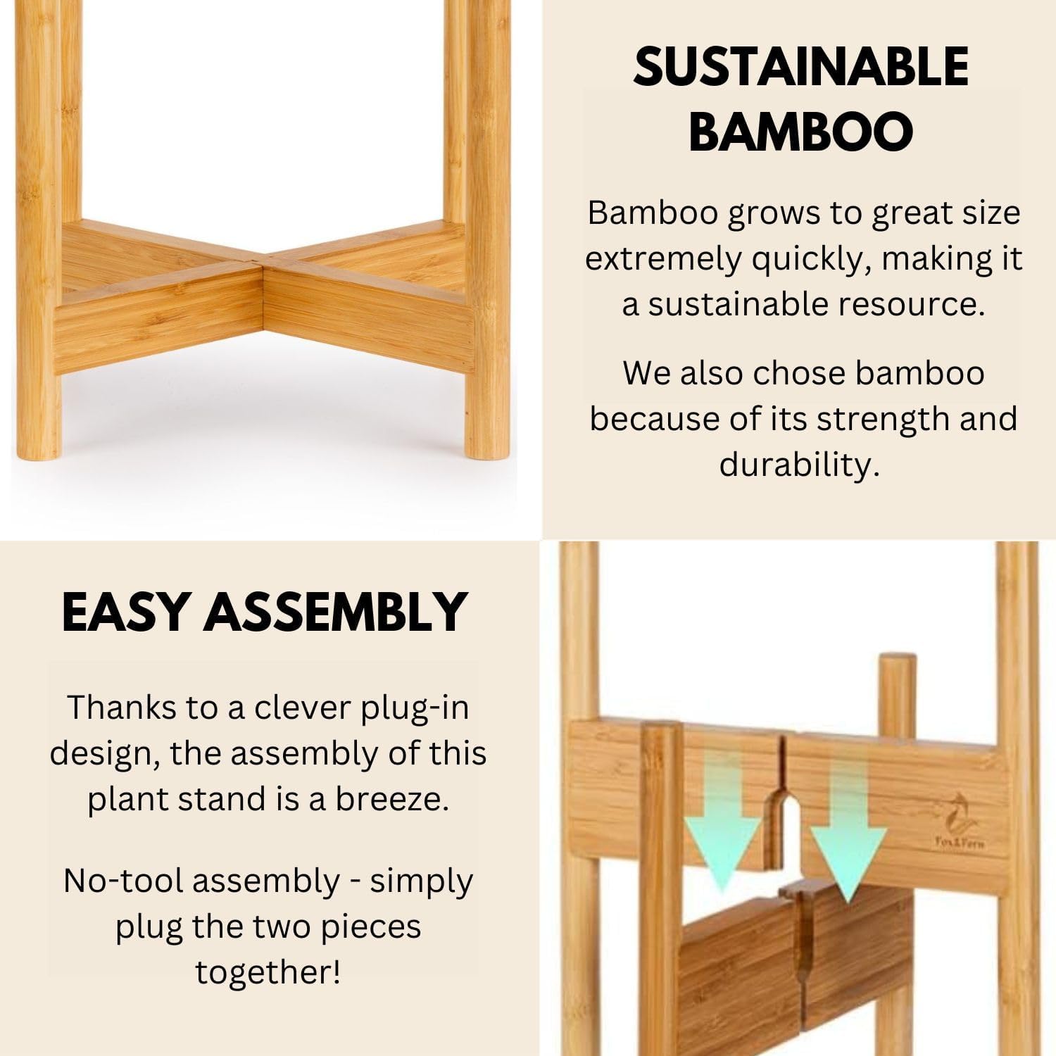Fox & Fern Mid Century Plant Stands for Indoor Planters, Bamboo, 14.9 Inch | Plug In Design, Holds 200 lbs, Two High