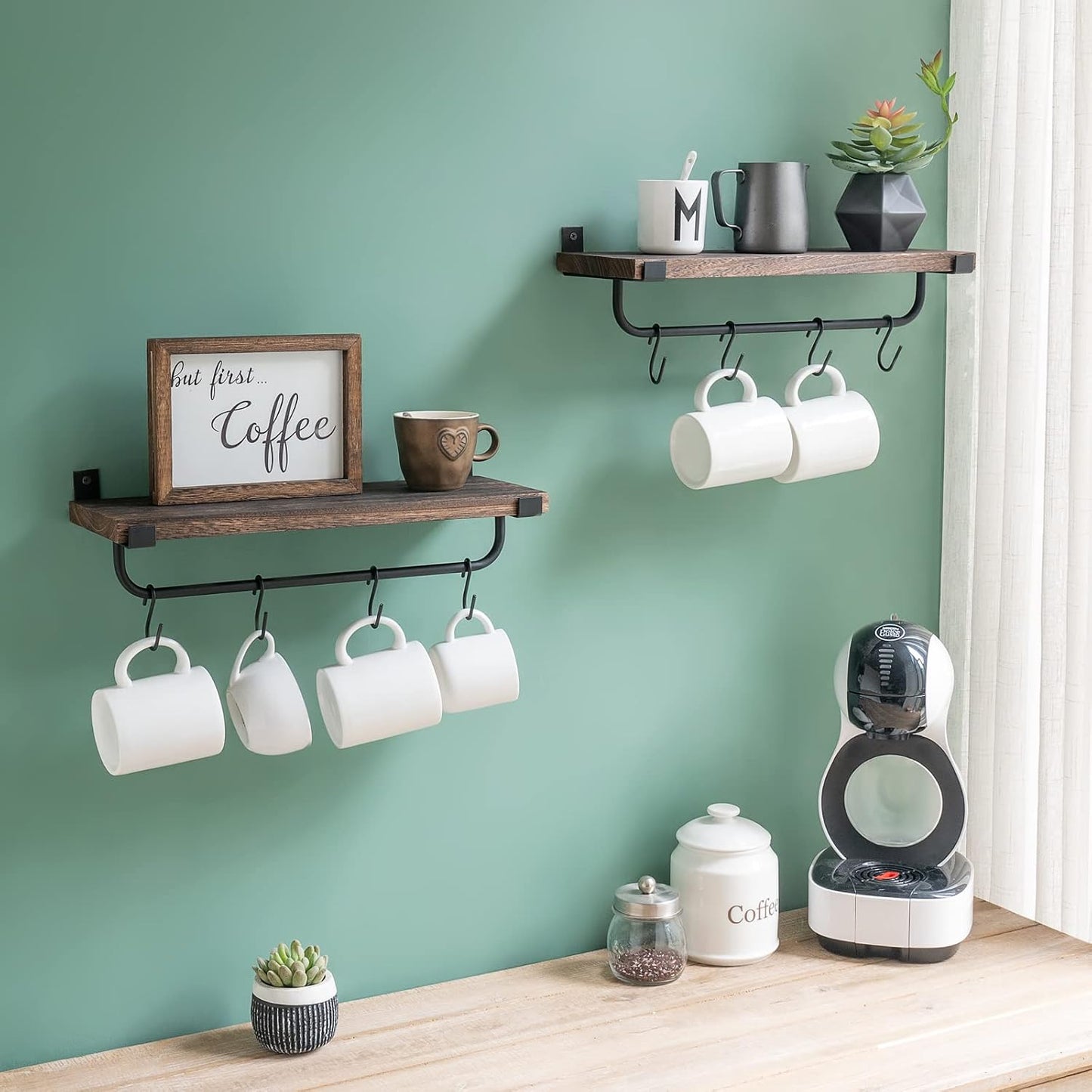 Mkono Coffee Bar Shelves, Wall Mounted Rustic Mug Rack with Hooks, 2 Pack | Kitchen Wall Shelf, Frees Up Counter Space