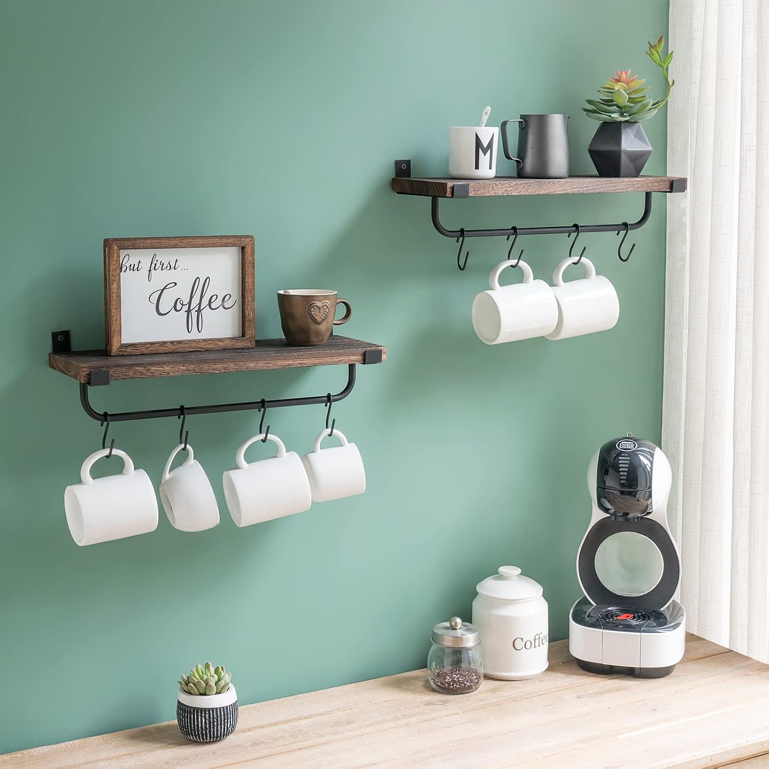Mkono Coffee Bar Shelves, Wall Mounted Rustic Mug Rack with Hooks, 2 Pack | Kitchen Wall Shelf, Frees Up Counter Space