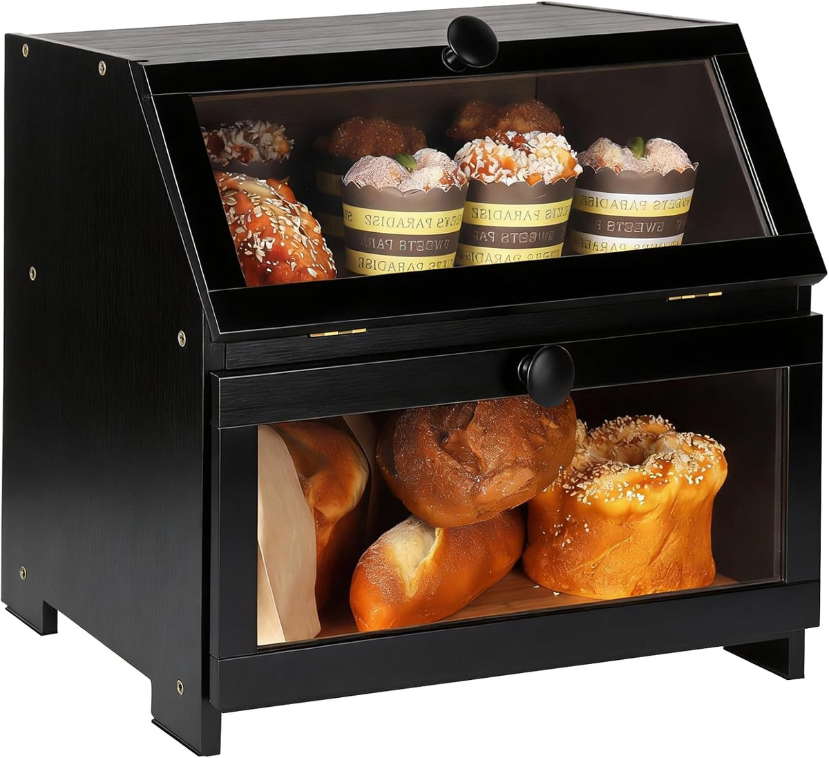 Bamboo Bread Box for Kitchen Countertop, Large Bread Storage Container Bin 2 Layer Breadbox Holder for Kitchen Counter