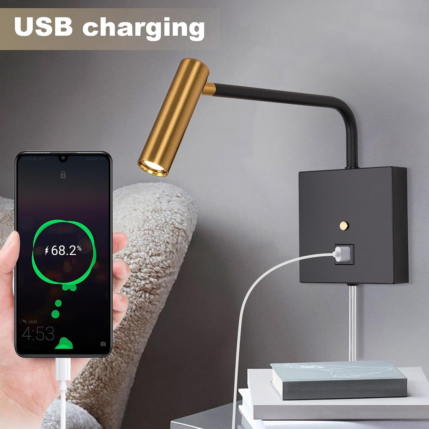 ZEROUNO LED Wall Lamp Wall Mounted Reading Lights, Dimmable Adjustable Headboard Plug in Wall Sconce with USB C+A