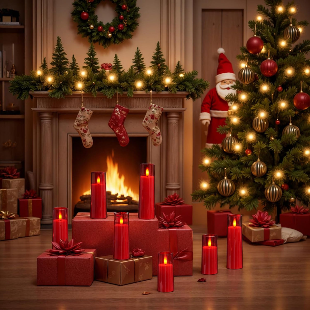 Homemory Red Flameless LED Pillar Candles, Remote Timer, 9 Pack | Battery operated flickering LED pillar c, les, dual