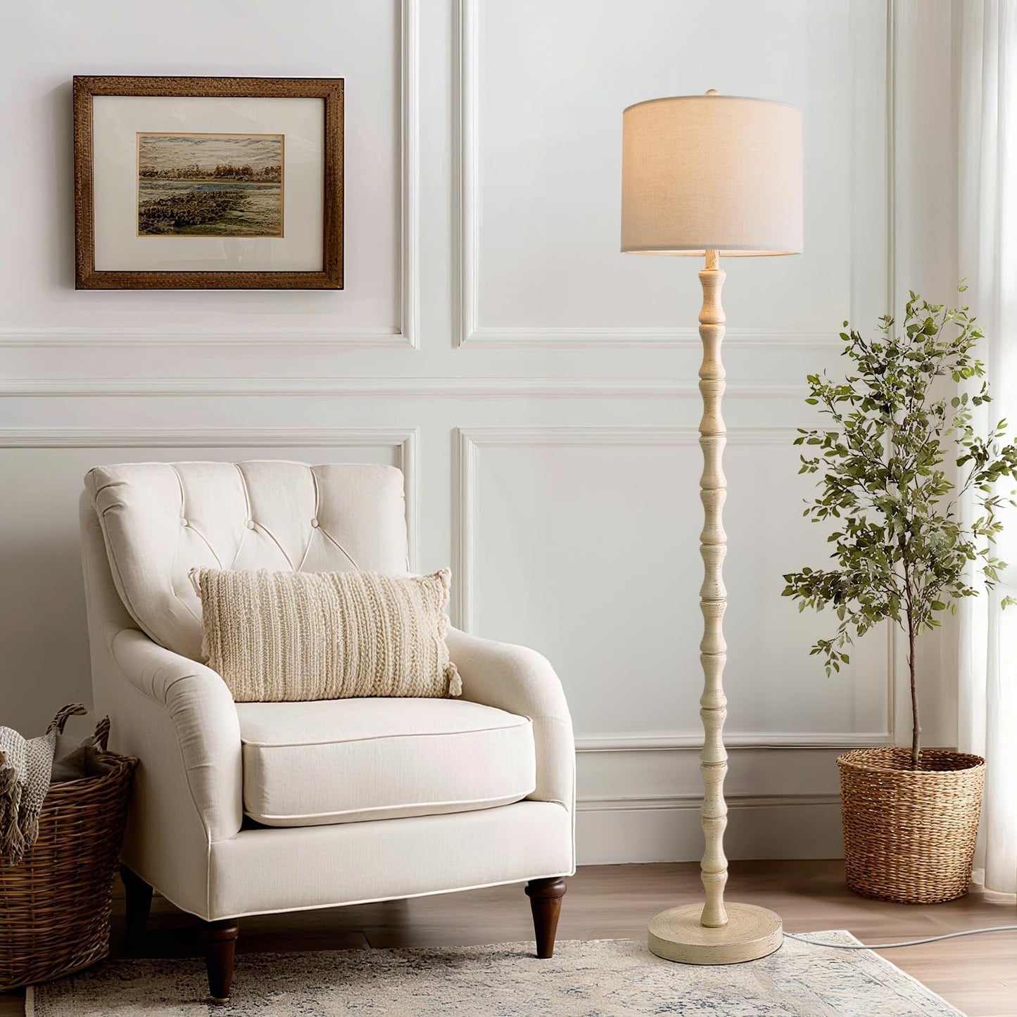 BOBOMOMO 62" Rustic Floor Lamp, Retro Farmhouse Standing Lamp with Rotary Switch, Resin Antique White Floor Lamp for