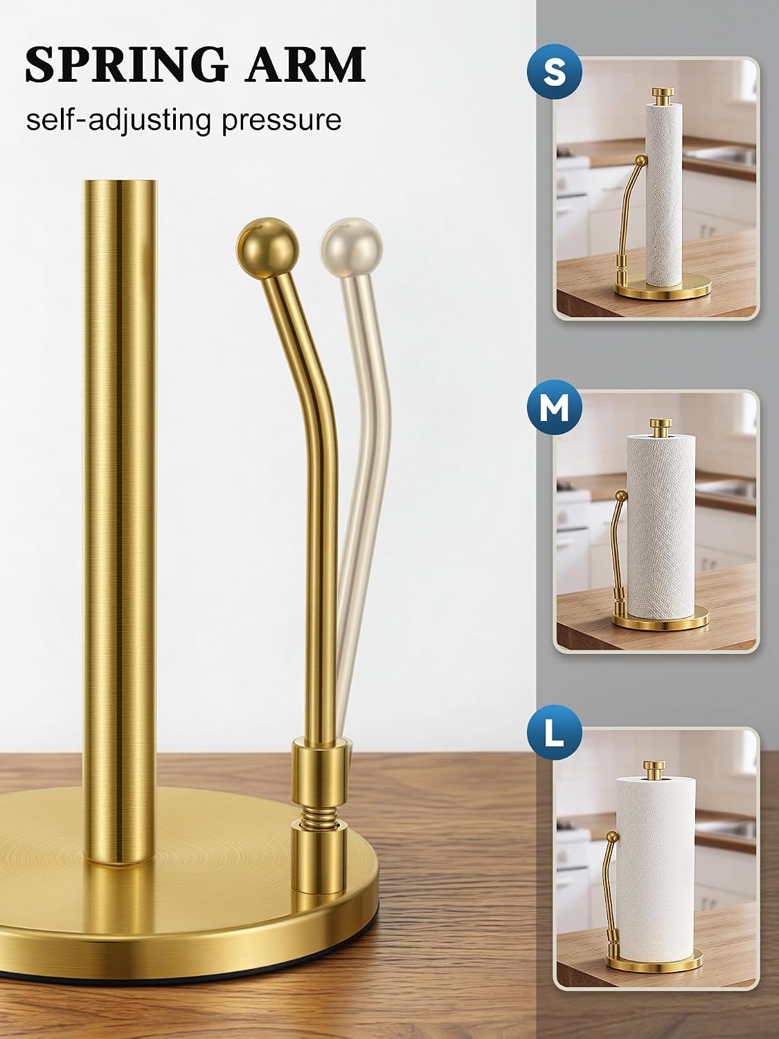 SMARTAKE Paper Towel Holder Countertop, Non-Slip Weighted Base, Gold | Freestanding Kitchen Roll Dispenser, Rustproof