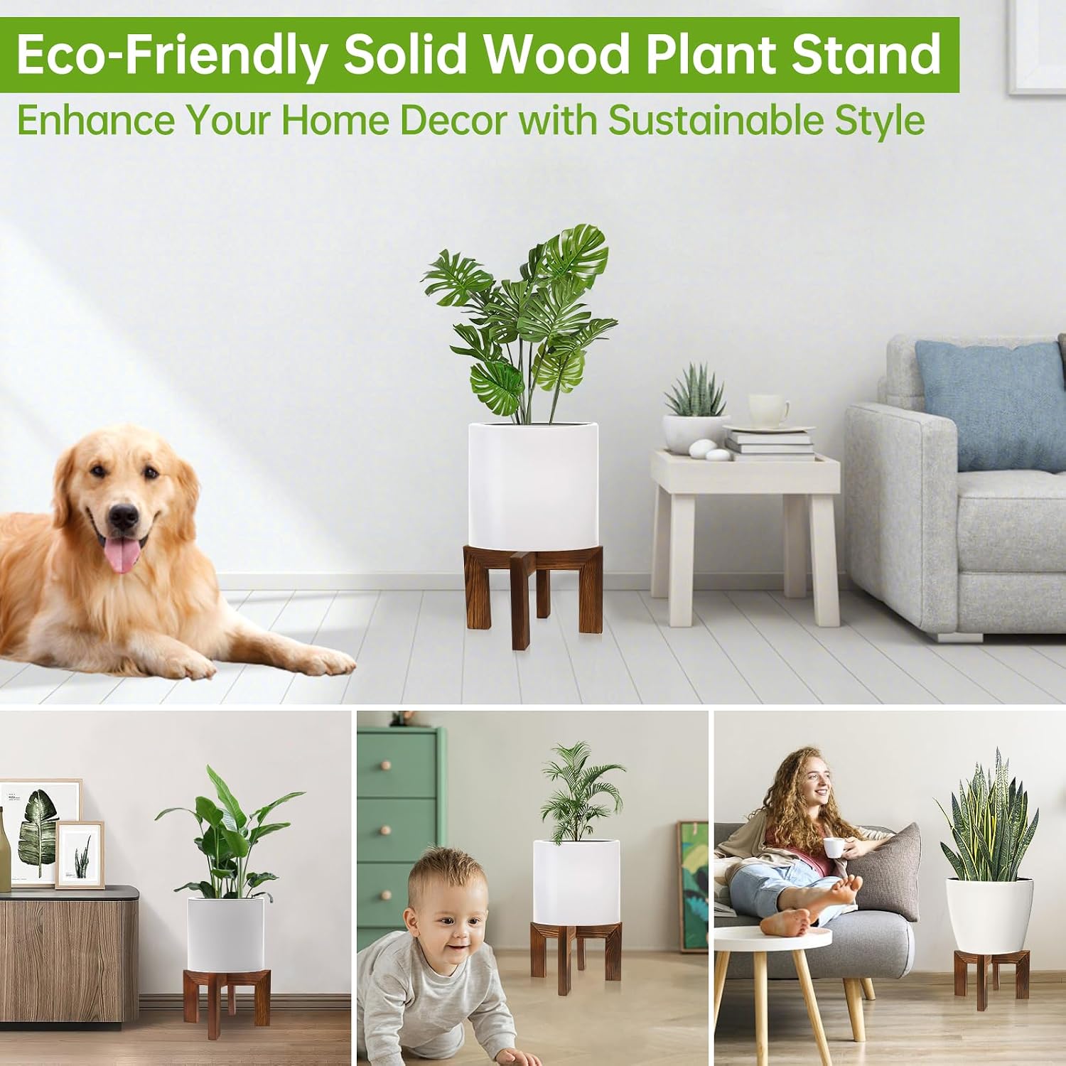 hismocal 4 Pack Wood Plant Stand Indoor Holders for Plants, Sturdy Flower Pot Stands Plants Shelf, Wooden Stool for