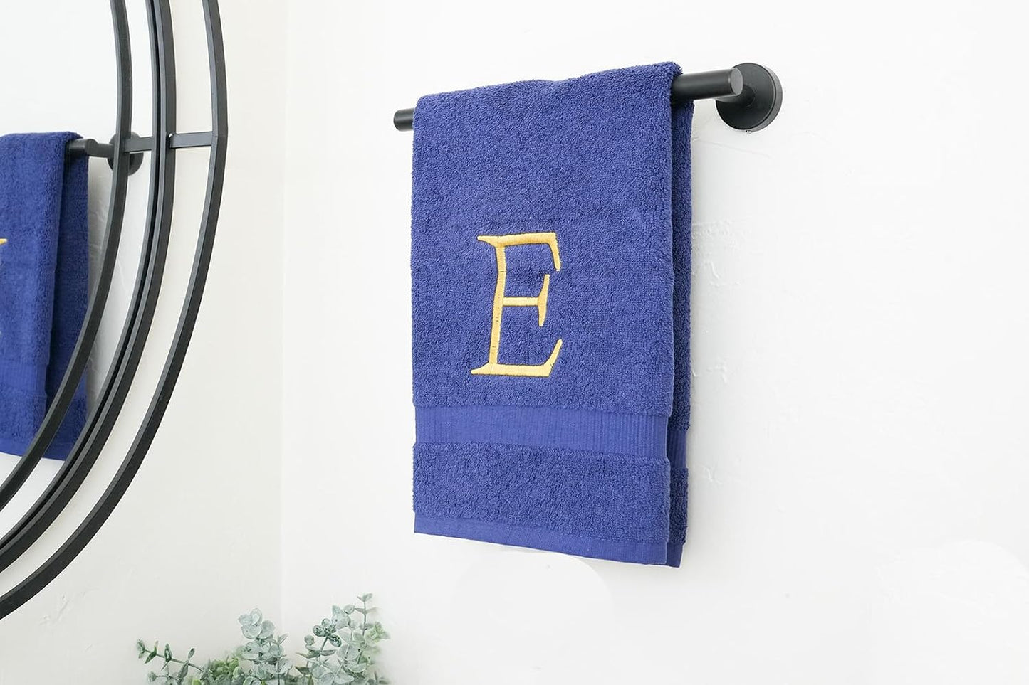 Navy with Gold Monogrammed Hand Towels for Bathroom - Set of 2 Letter E | Luxury Hotel Quality Initial Towels For