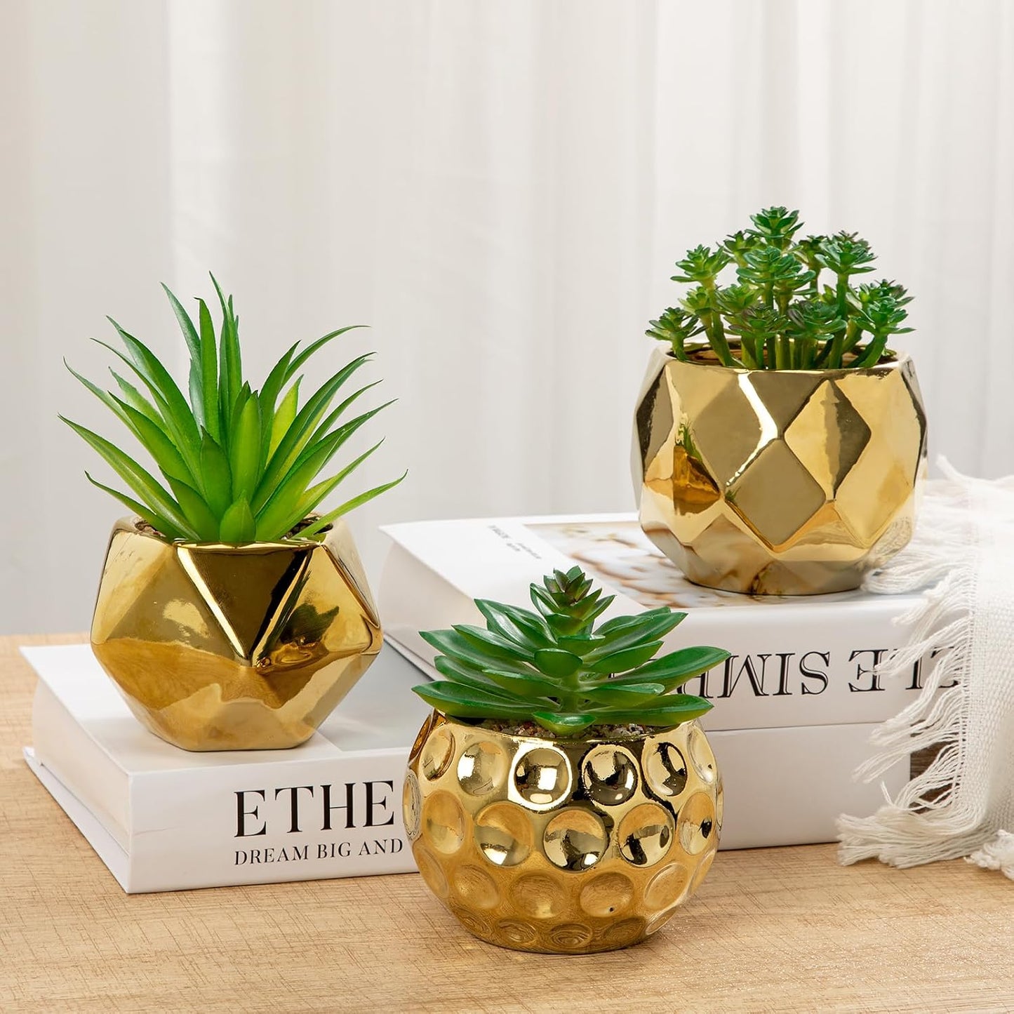 Artificial Succulents Plants in Ceramic Pots / Gold# / Set of 3