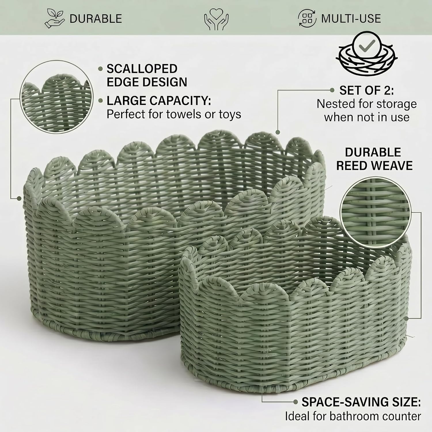 Large Scalloped Storage Baskets / Sage Green / Set of 2