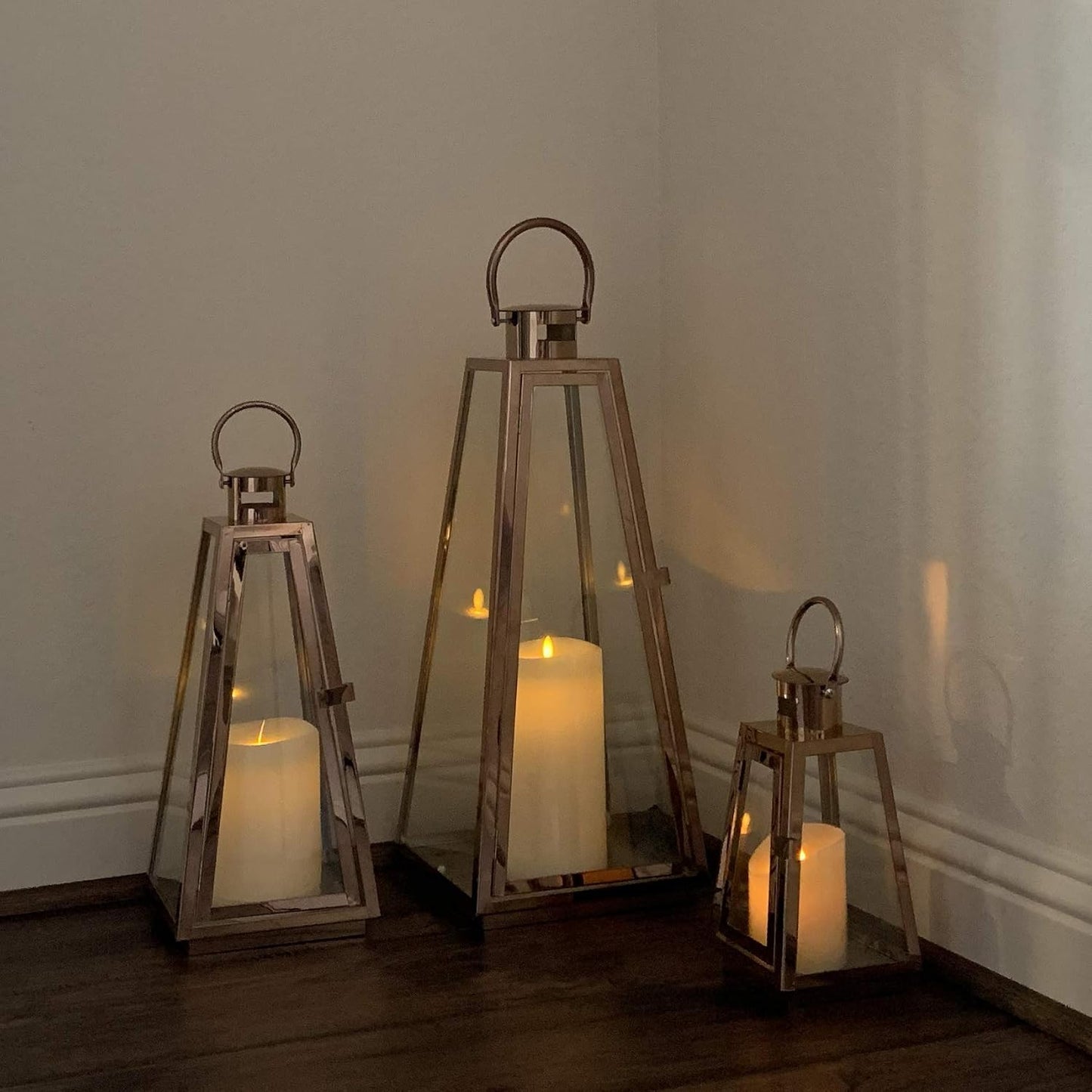 allgala Lantern Jumbo Deluxe Modern Indoor/Outdoor Candle Stainless Steel Rectangular Frame with Lattice Grid Tempered