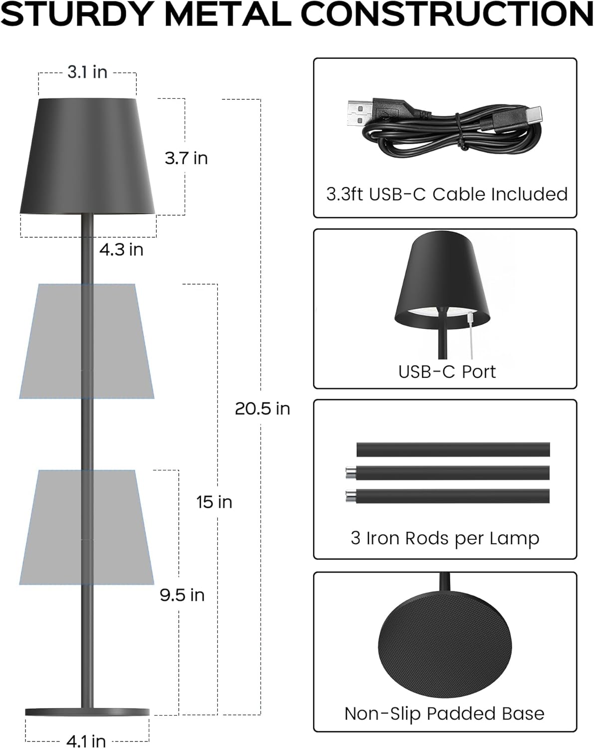 JACKYLED Cordless Table Lamps Rechargeable, 3 Adjustable Height, 5000 Capactiy Operated, 3 Colors Smooth Dimming
