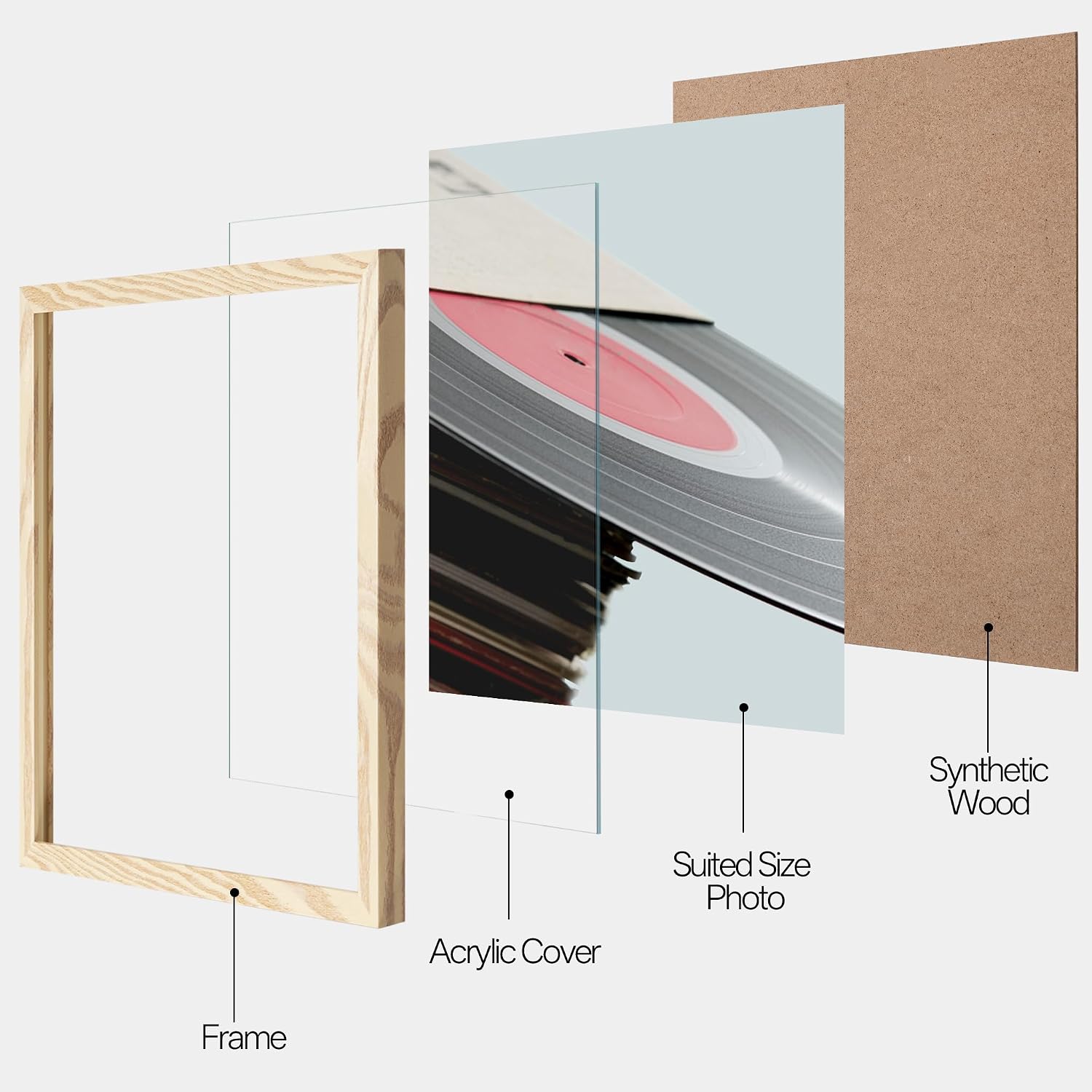 eletecpro Vinyl Record Frame, 12.5 x 12.5 in, Wood Beige, 4 Pack | Fits 12x12 LP and Album Cover, Easy Wall Mount