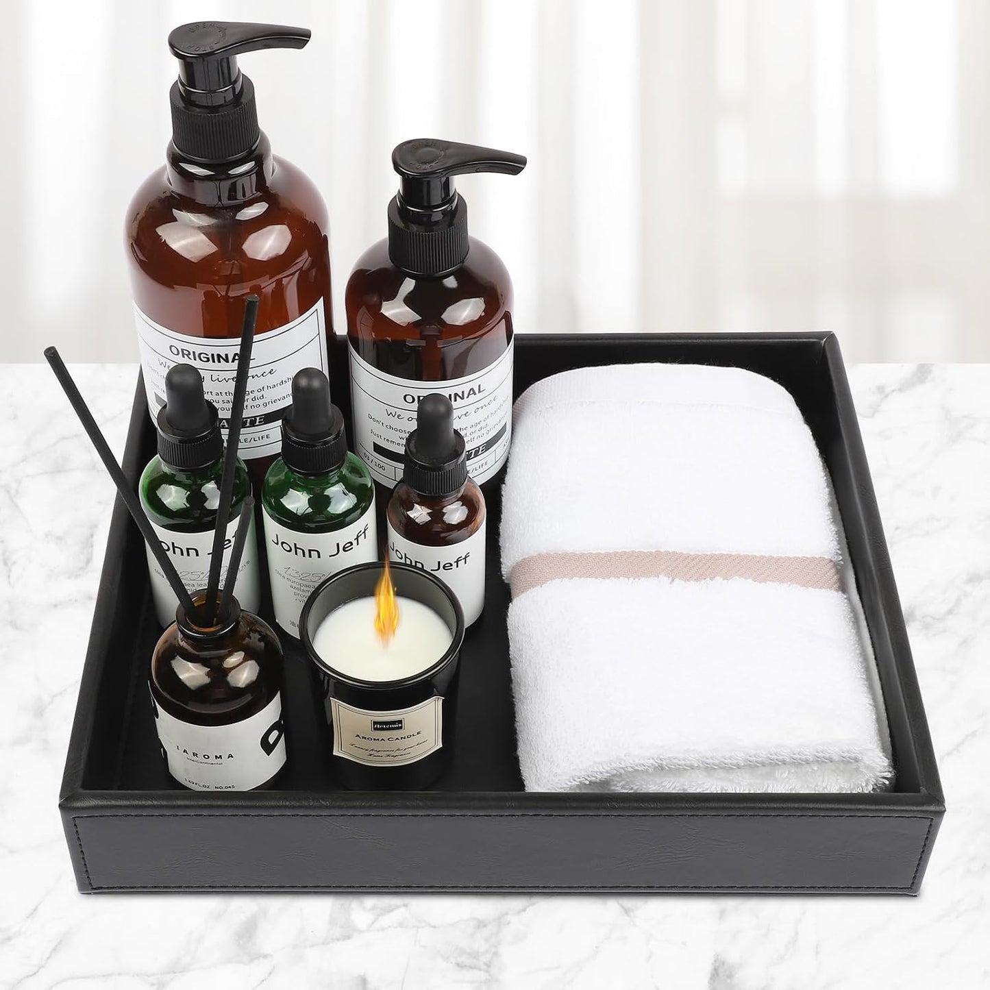 Leather Valet Organizer for Men – Black Catchall for Wallet, Keys, EDC, Jewelry, and Perfume – Nightstand, Dresser, and