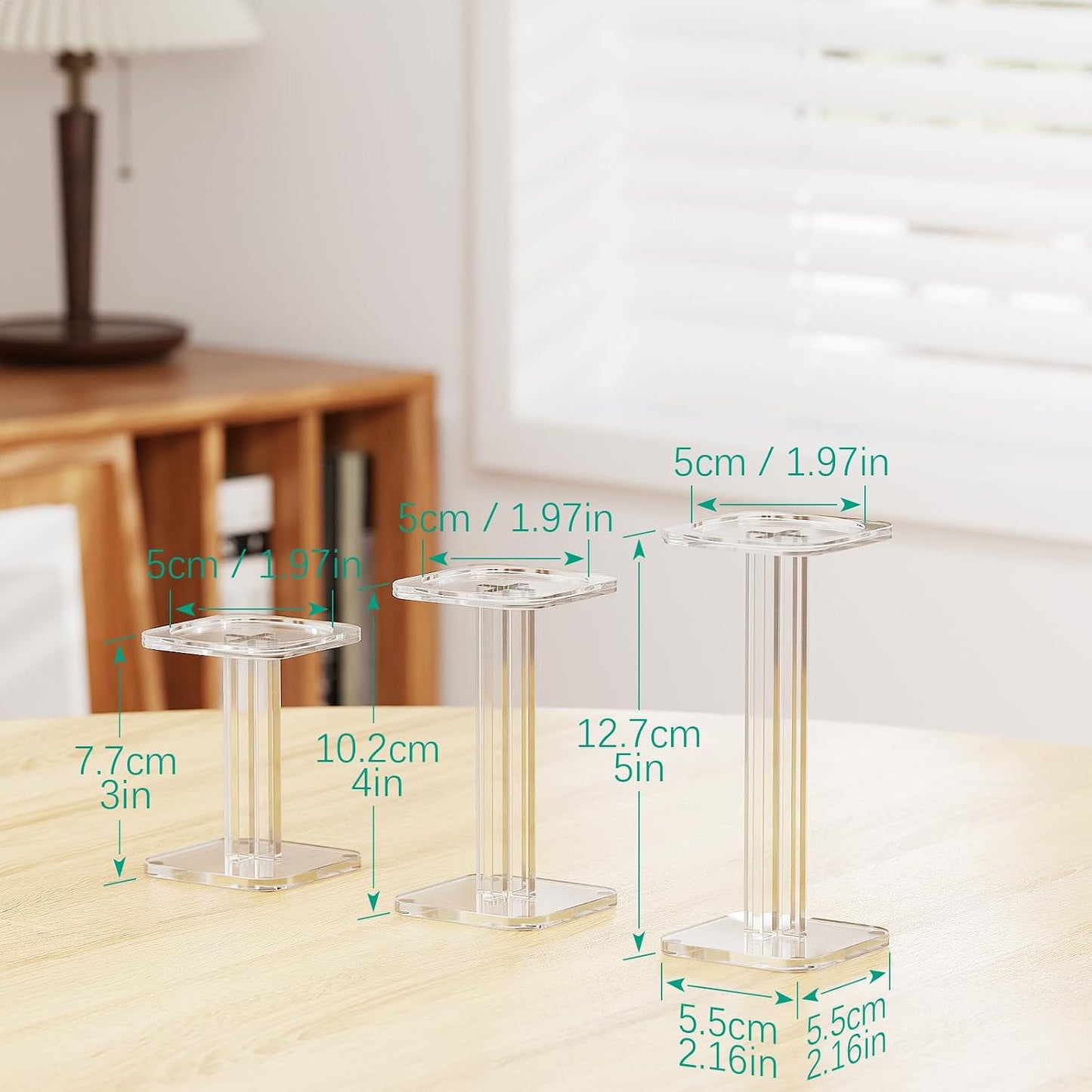 Display Stand Holder Tabletop Jewelry Showcase Square Pedestal Shelf / Clear / Set of 3