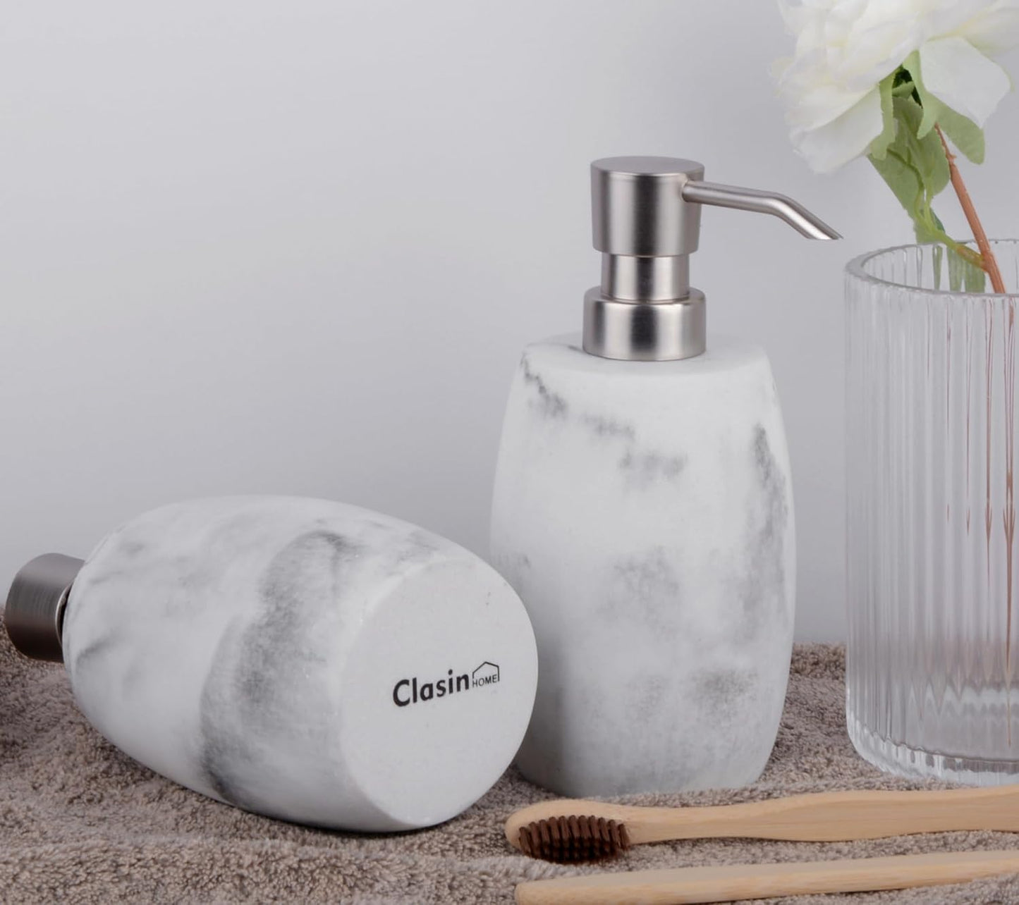 Clasin Home Resin Soap Dispenser Set 2, Refillable Hand Soap Dispenser with White Marble Look and Metallic Pump