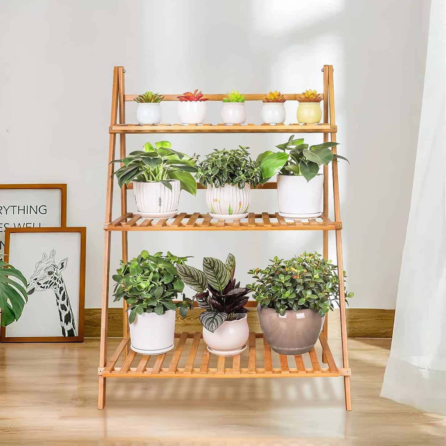 Ufine Bamboo Ladder Plant Stand 3 Tier Foldable Flower Pot Display Shelf | Indoor Outdoor Planter Organizer Holder