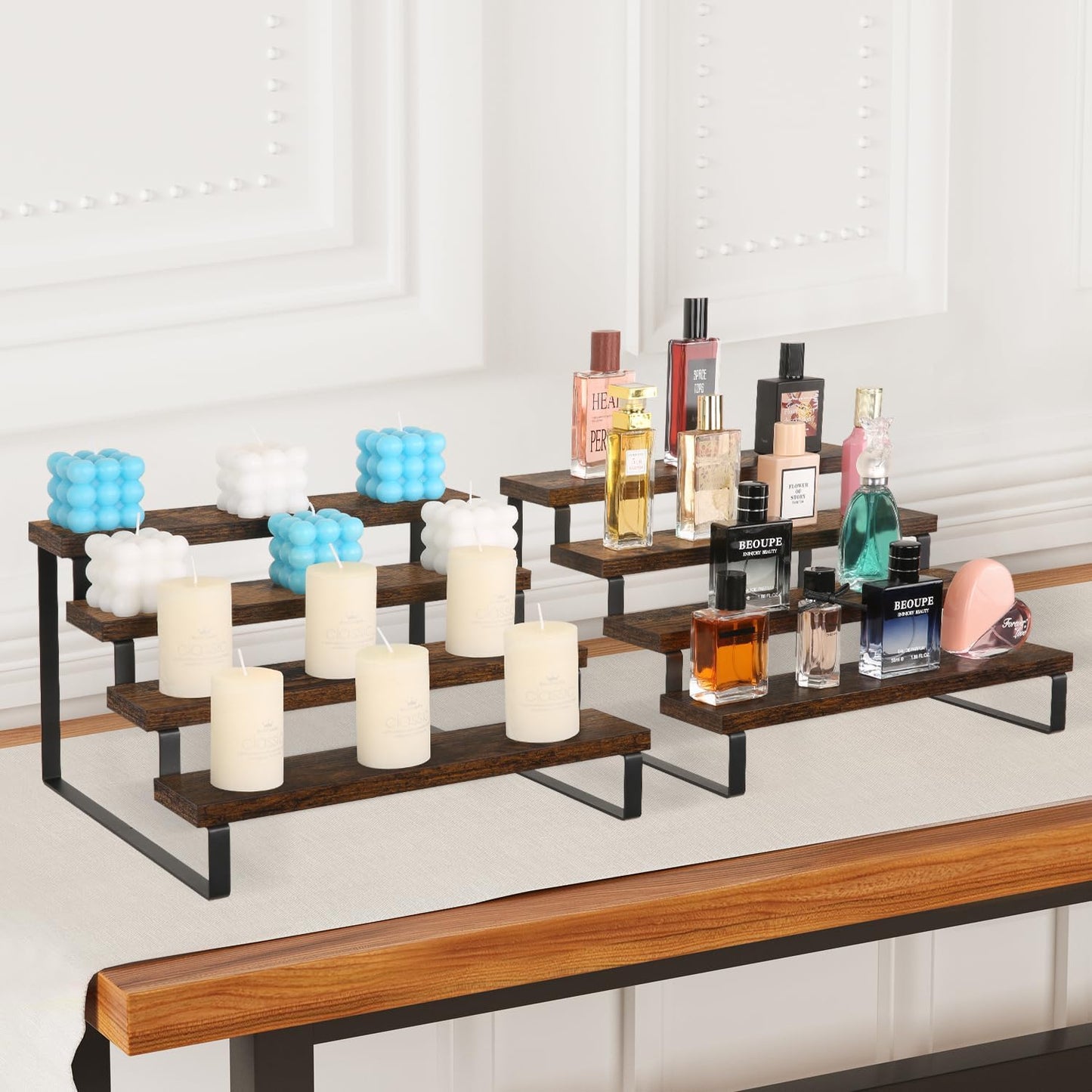 YINMIT Wooden Display Riser Stand, Tiered Perfume and Cologne Organizer Stand, 4 Tier Spice Rack Organizer, Rustic